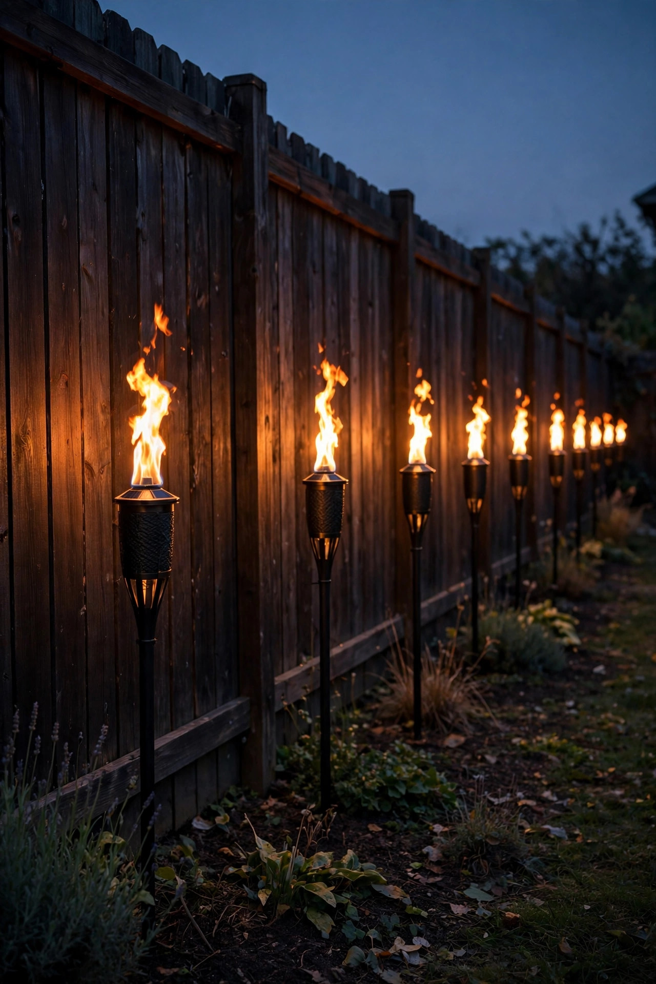 Flame-effect solar torches flickering warm orange along a long backyard fence line in front of a dark fence section