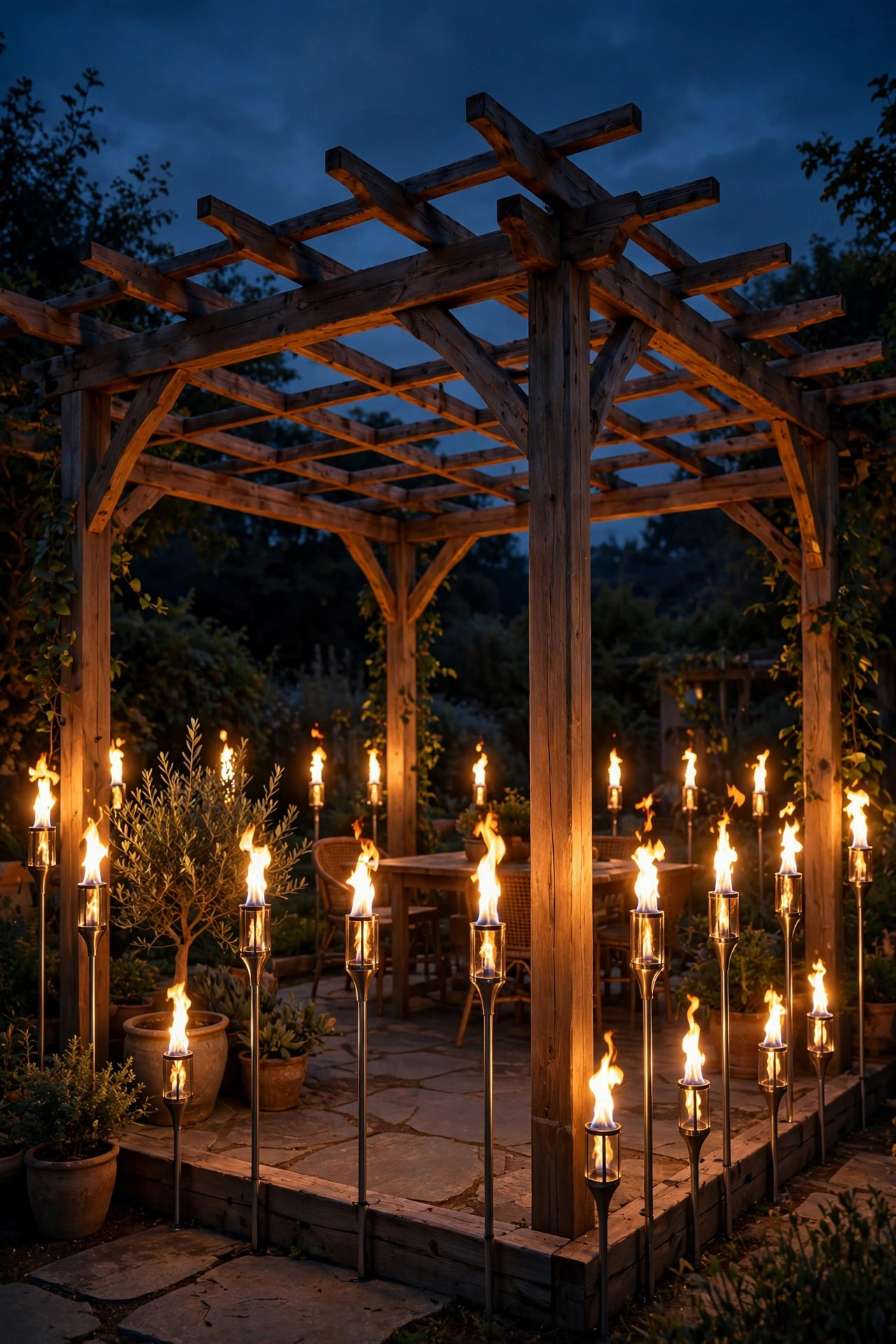 Solar flame effect torch lights glowing around the perimeter of a pergola at night