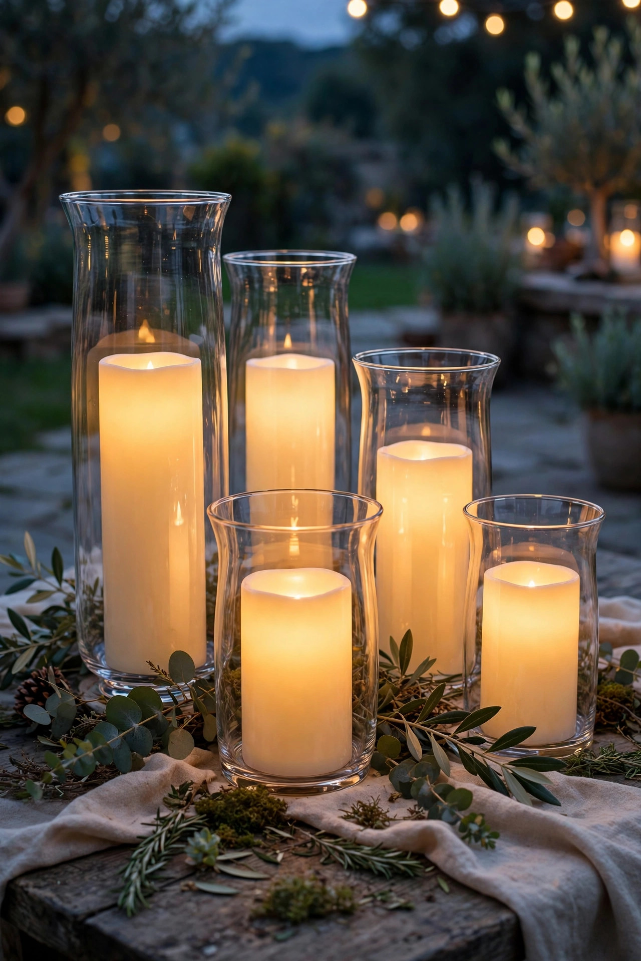 Cluster of flameless candles in glass hurricanes glowing on an outdoor party table at dusk