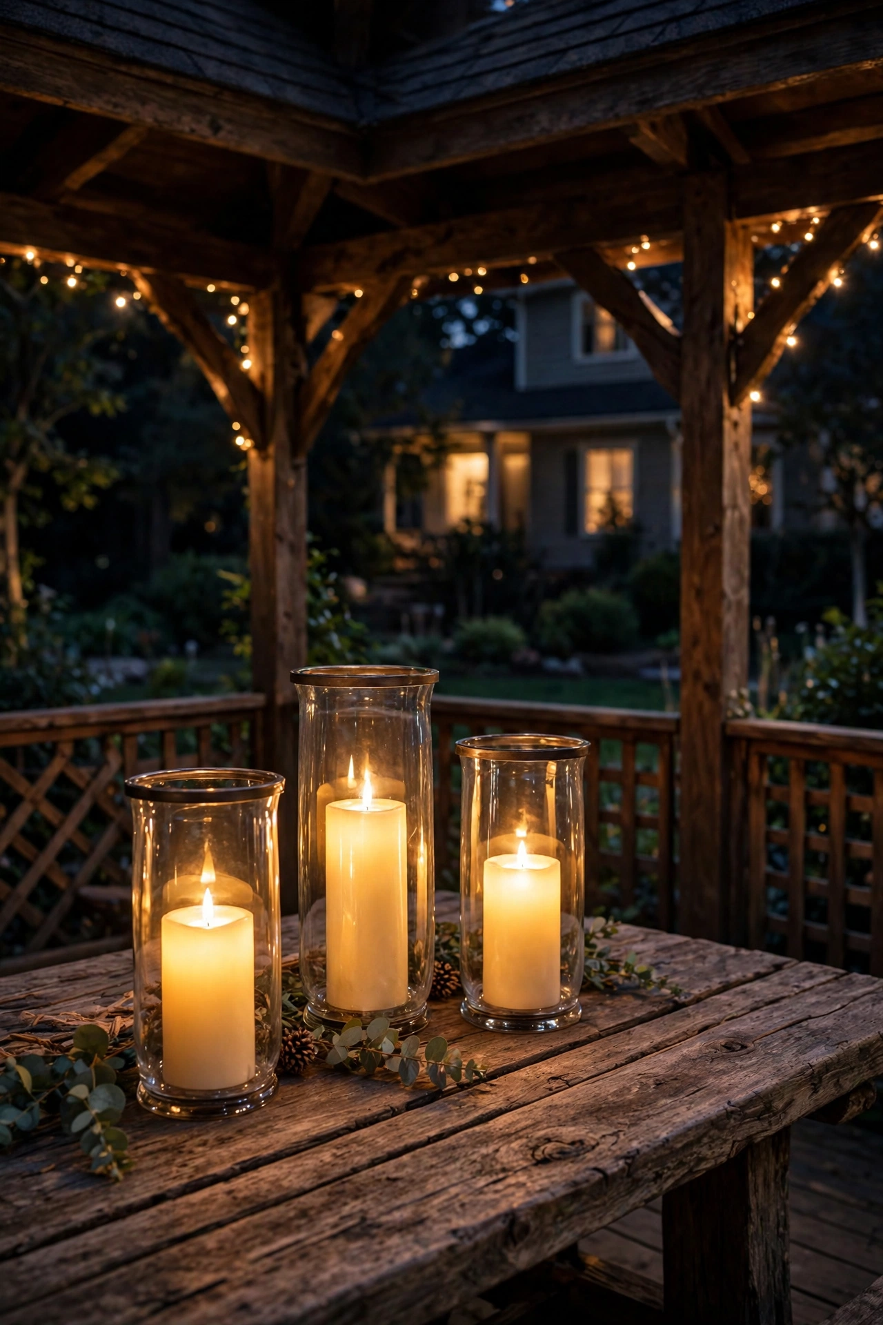 Flameless LED candles glowing inside glass hurricane holders on a gazebo table centerpiece