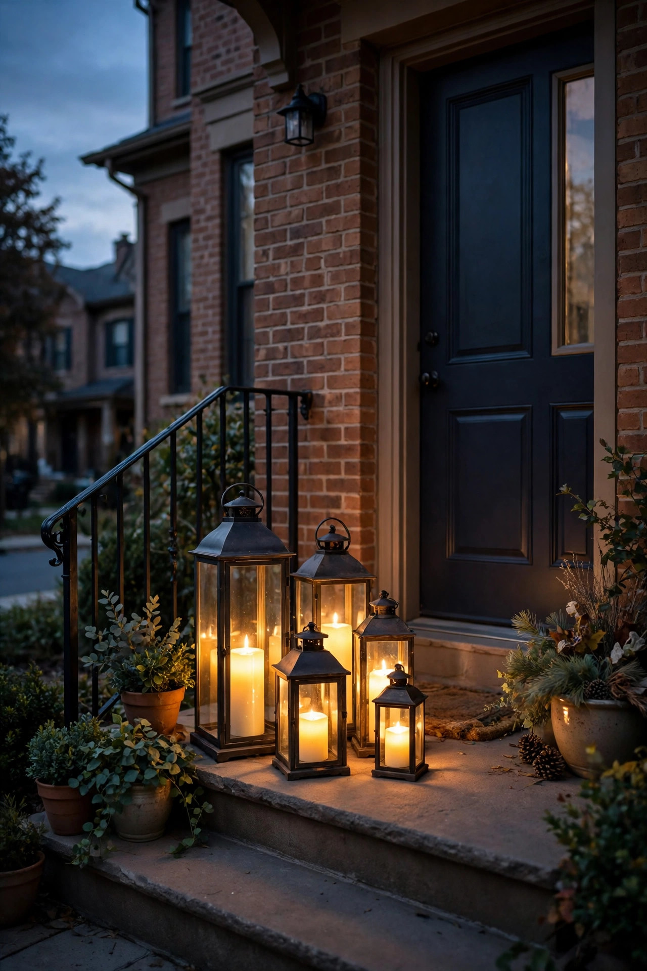 Group of flameless candle lanterns in different heights glowing on a townhome front stoop