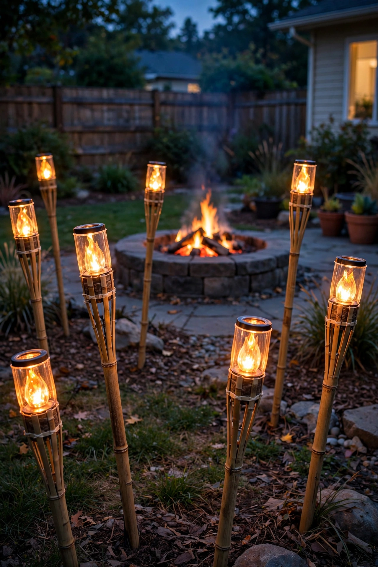 Flameless LED tiki torches with flickering flames staked around a fire pit area