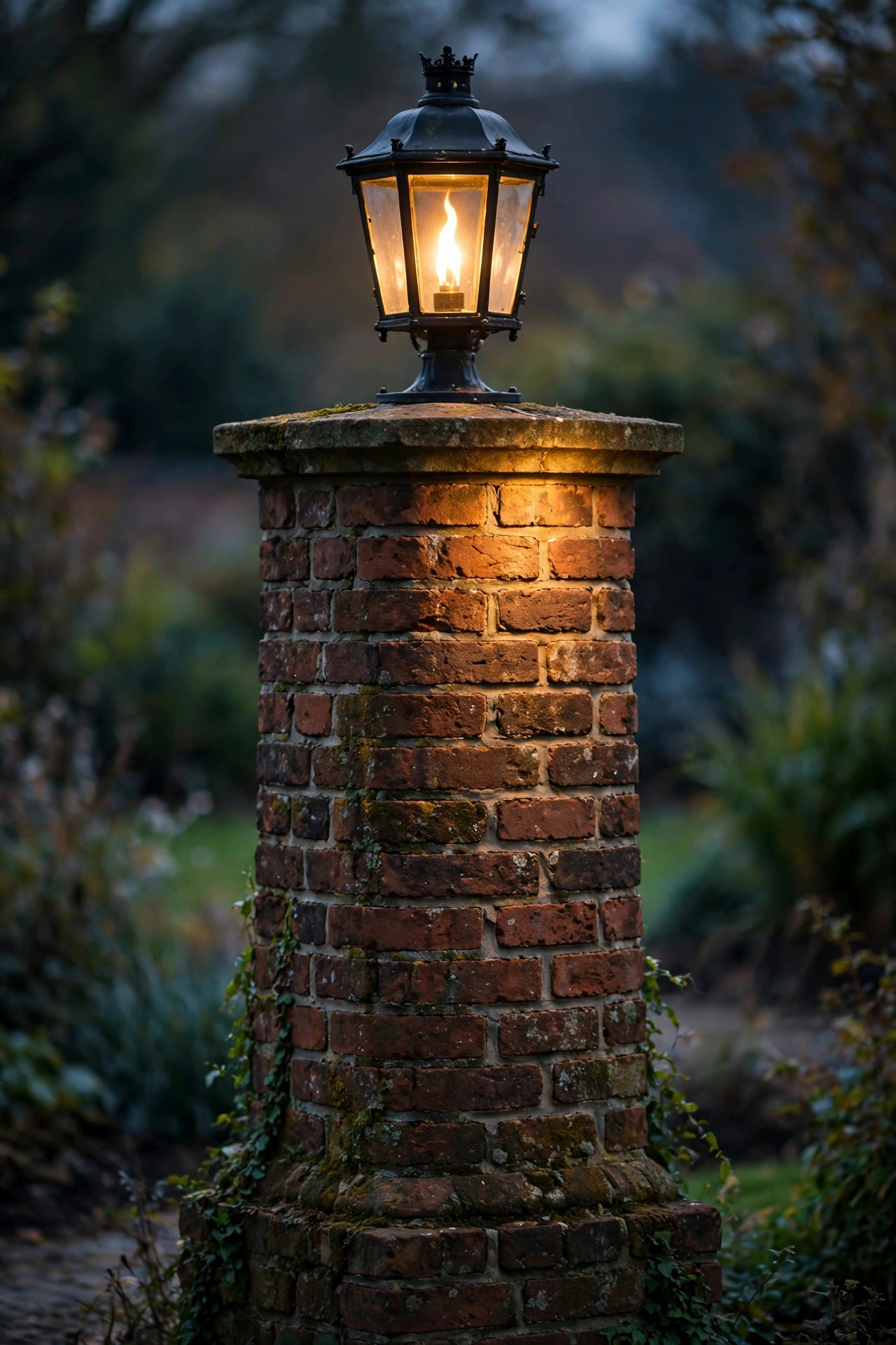 Flicker flame LED pier lantern glowing on a historic brick column