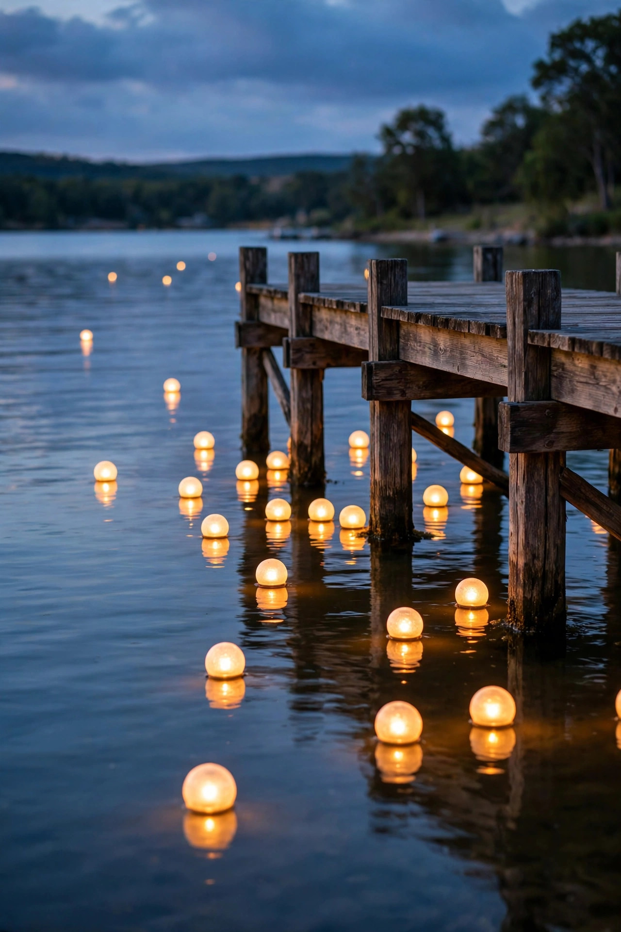 Floating solar lights glowing warm on calm water beside a wooden pier at dusk, soft orbs drifting near the pilings