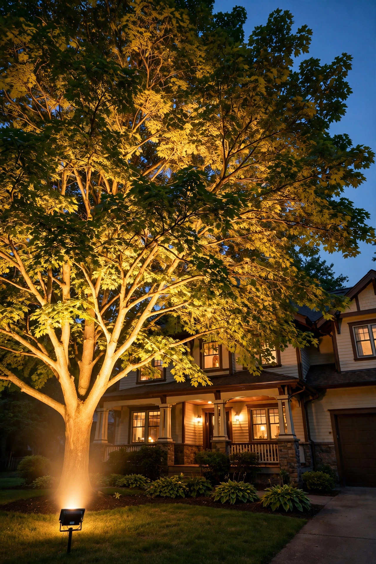 Wide flood light washing the full spreading canopy of a large front yard shade tree