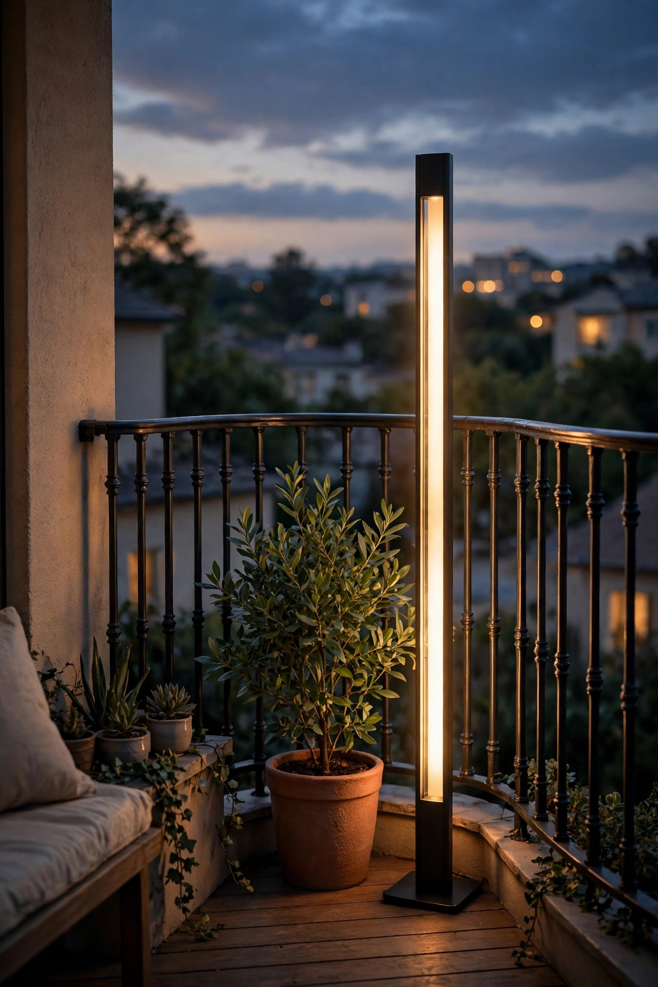 Tall slim floor lantern glowing in the corner of a wrap-around balcony beside a potted plant at dusk
