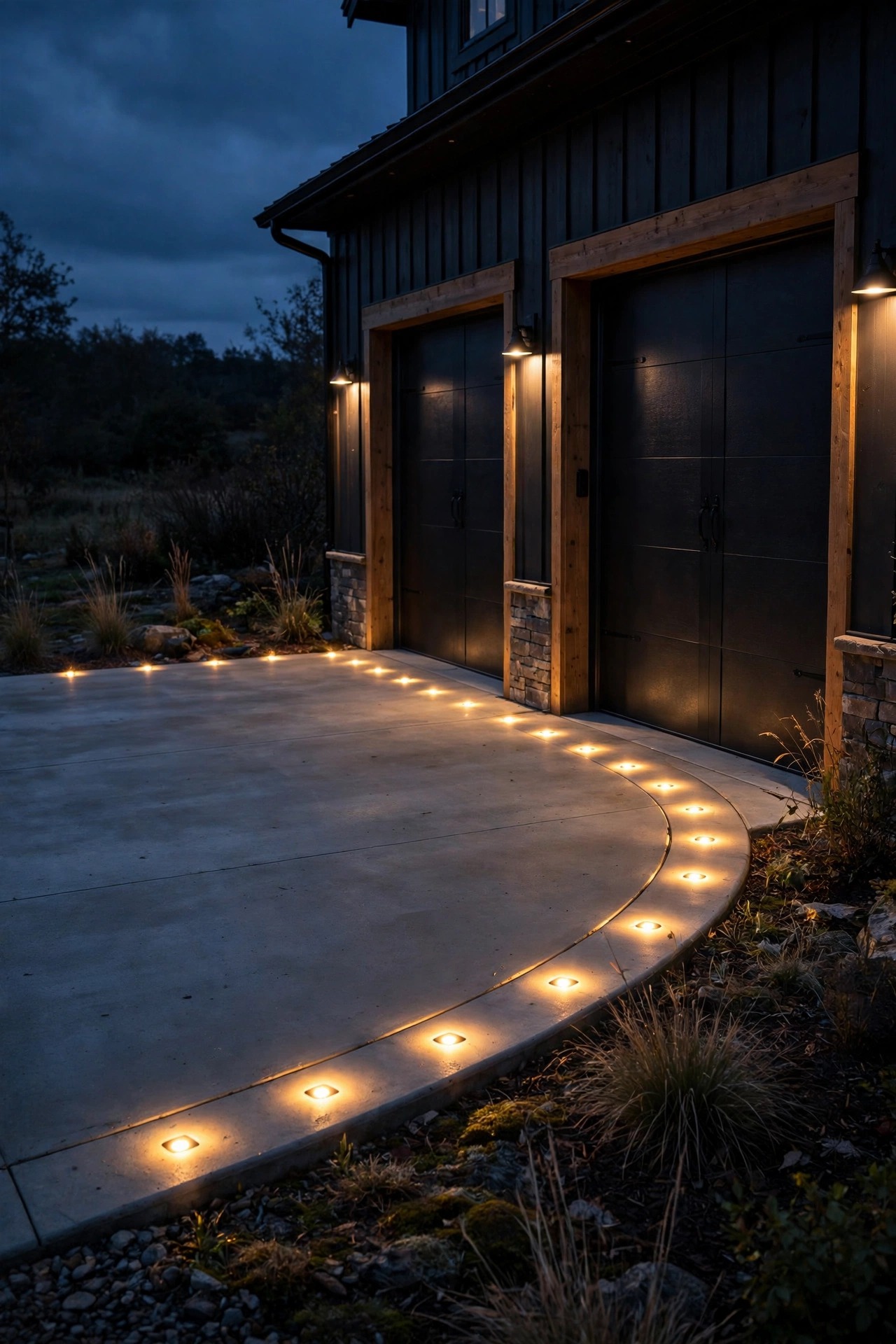 Flush mount marker lights glowing along the curved edge of a farmhouse garage apron at night