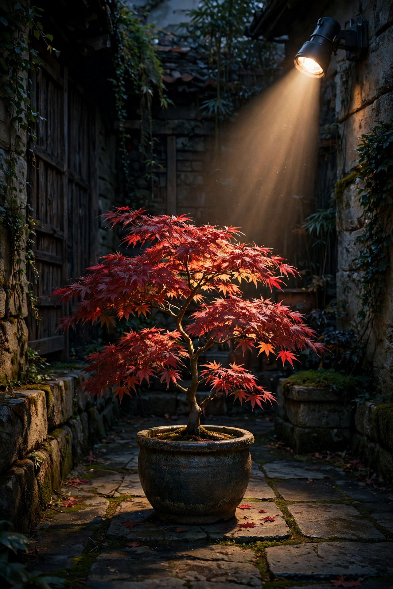 Single spotlight illuminating a potted Japanese maple as the focal point of a shaded courtyard