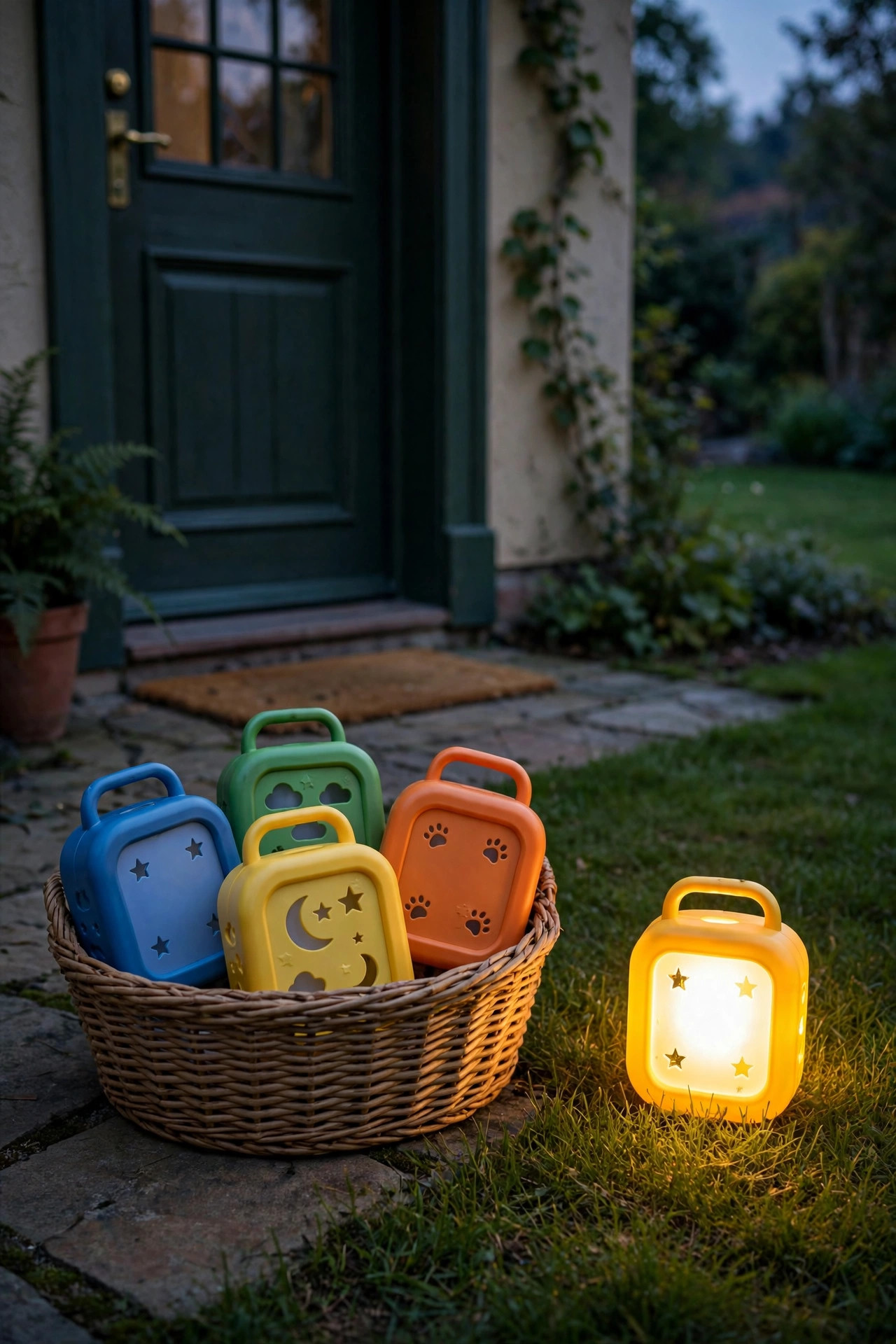 Basket of sturdy kid-friendly LED lanterns by a back door at dusk, one lantern glowing on the lawn