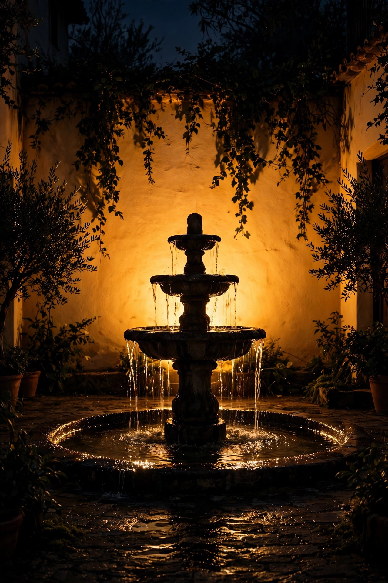 Courtyard fountain silhouetted against a warmly backlit wall at night, water shimmering at the edges