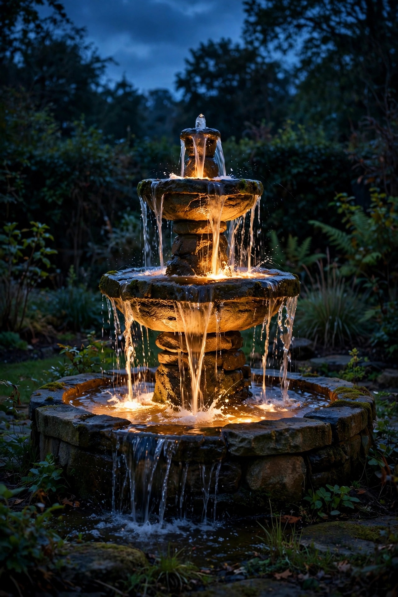 A front yard stone fountain glowing from within at dusk, warm light sparkling through falling water with a dark garden behind