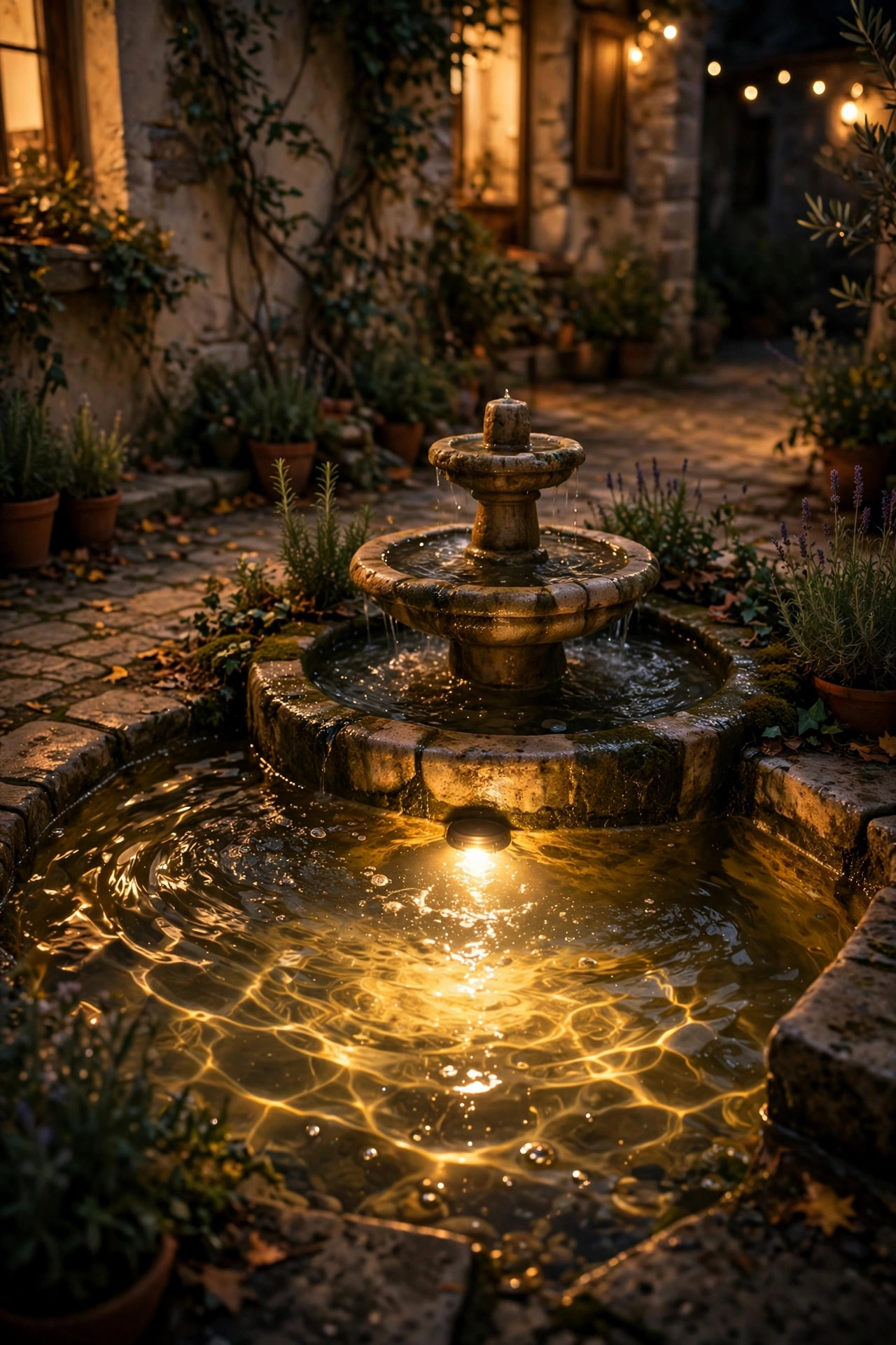 Submersible accent light glowing through the water of a small courtyard fountain at night