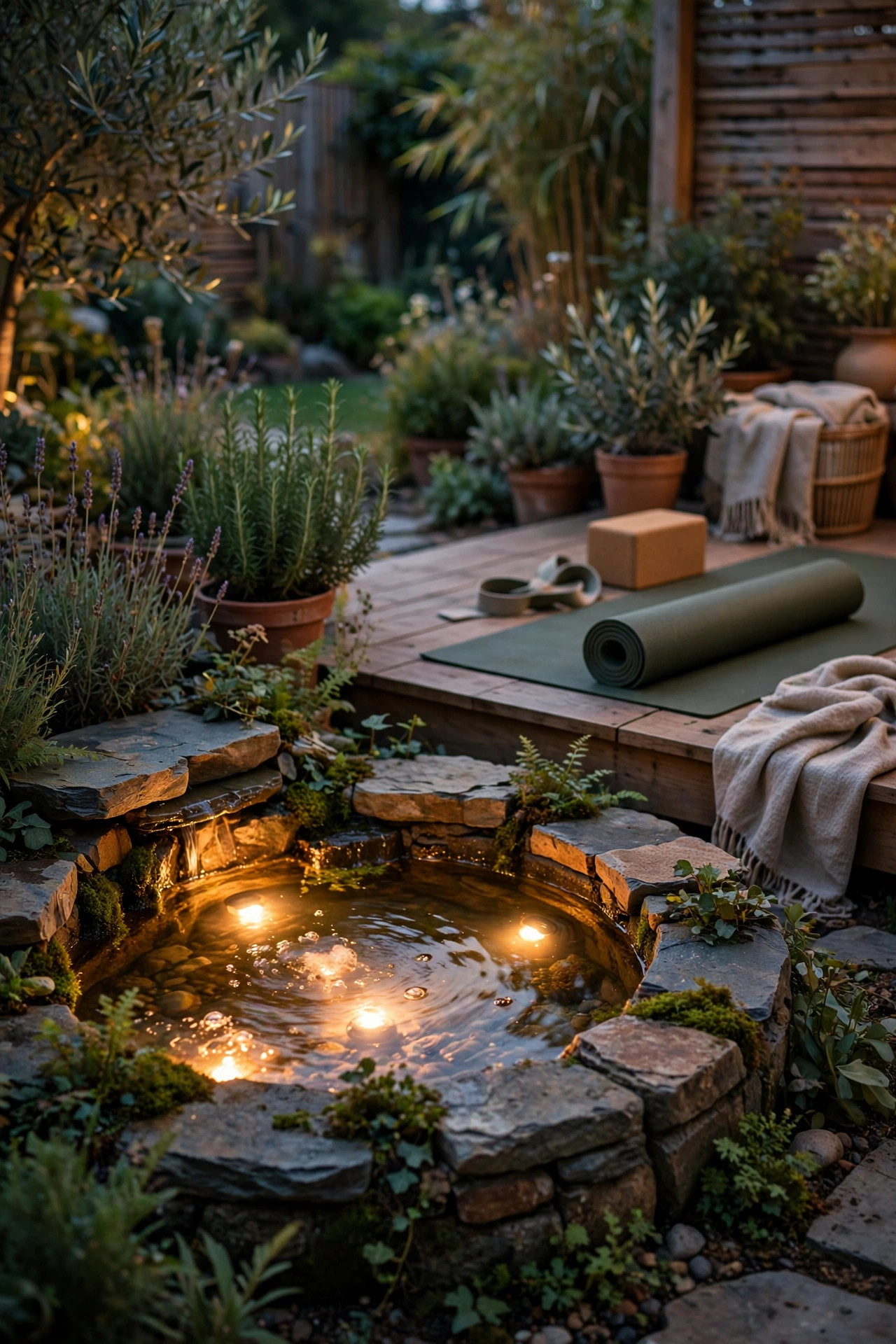 Submersible warm lights glowing inside a small garden fountain beside an outdoor yoga space