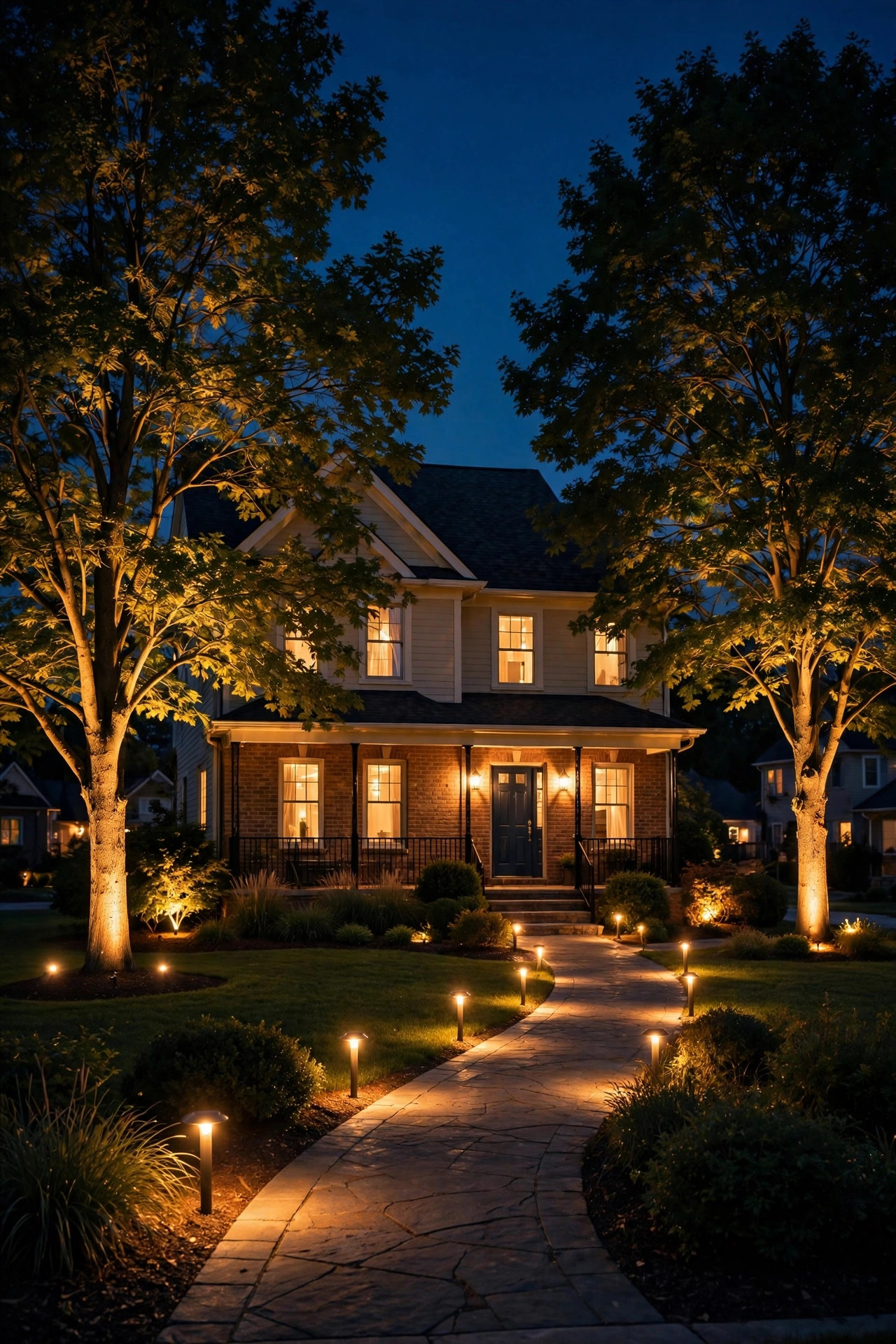 Beautiful front yard at night with complete layered lighting — glowing path, uplighted trees, warm house facade