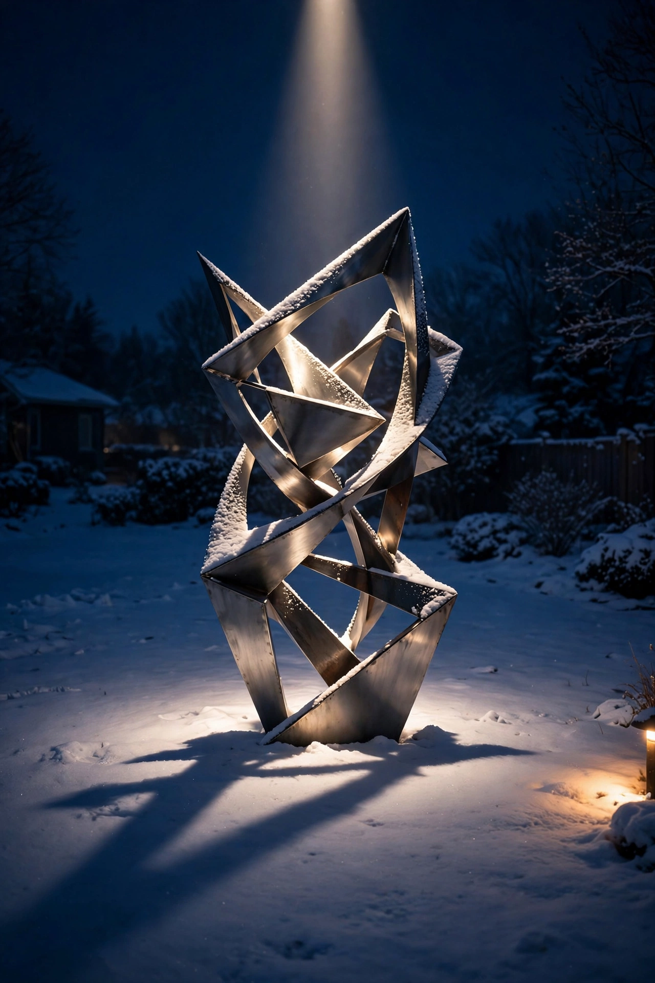 Stone garden urn dramatically spotlit as a focal point in a snowy winter landscape