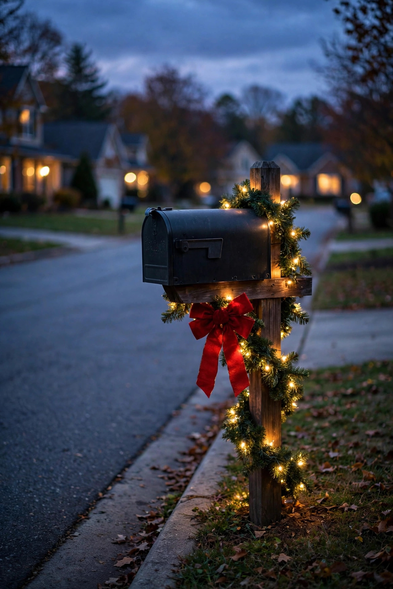 Mailbox post wrapped in pre-lit garland with a red bow glowing at the curb at dusk