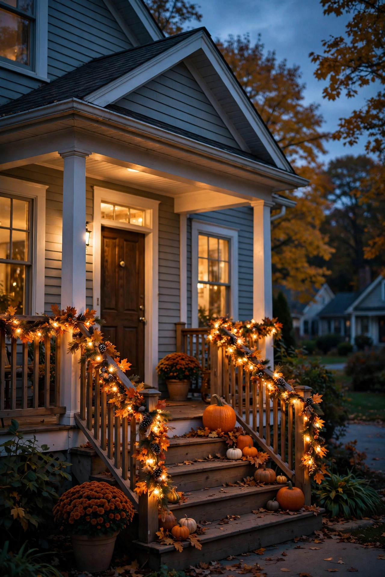 Pre-lit fall garland with glowing lights swagged along porch stair railings