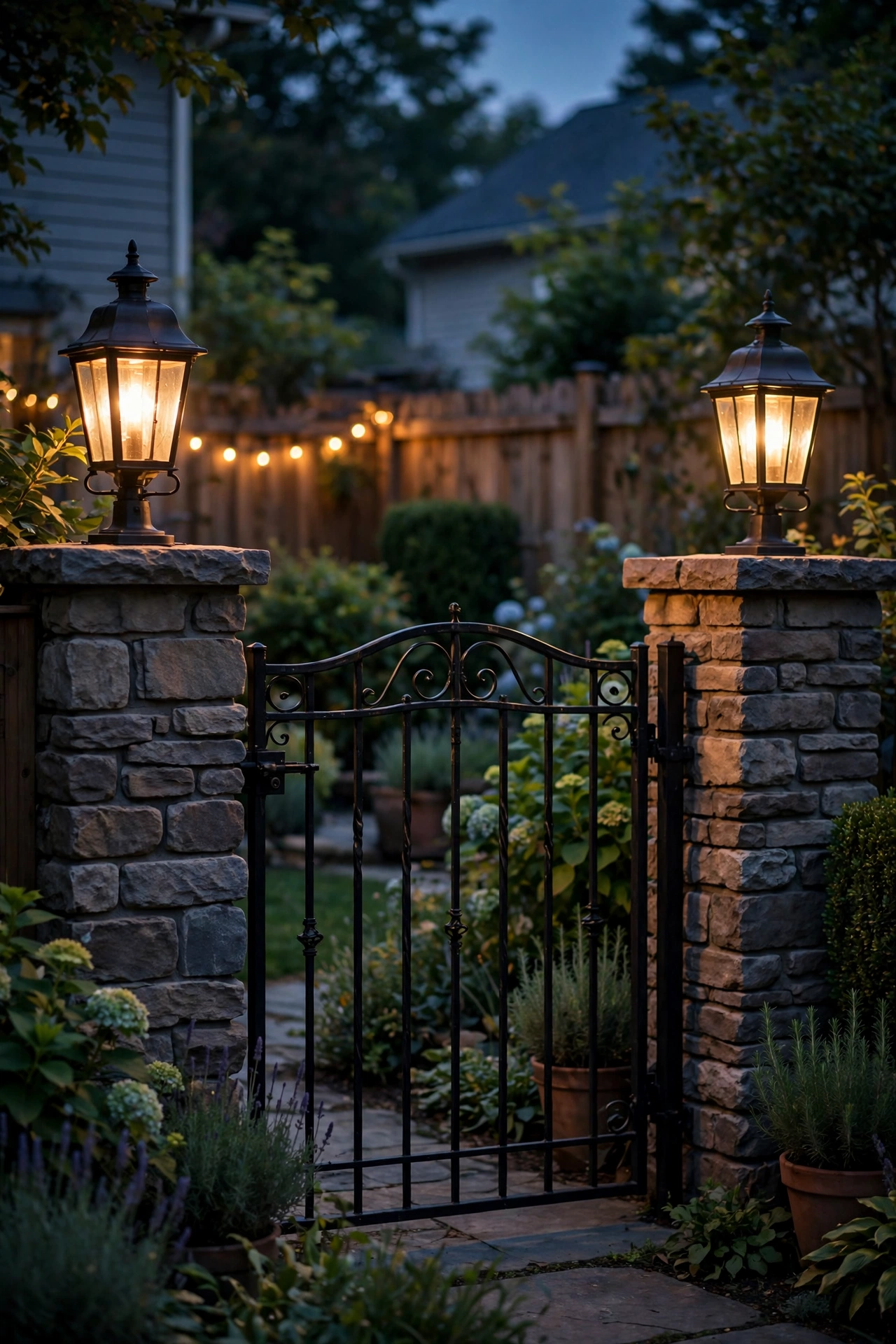 Matching sconces on gate posts framing a garden gate glowing at night