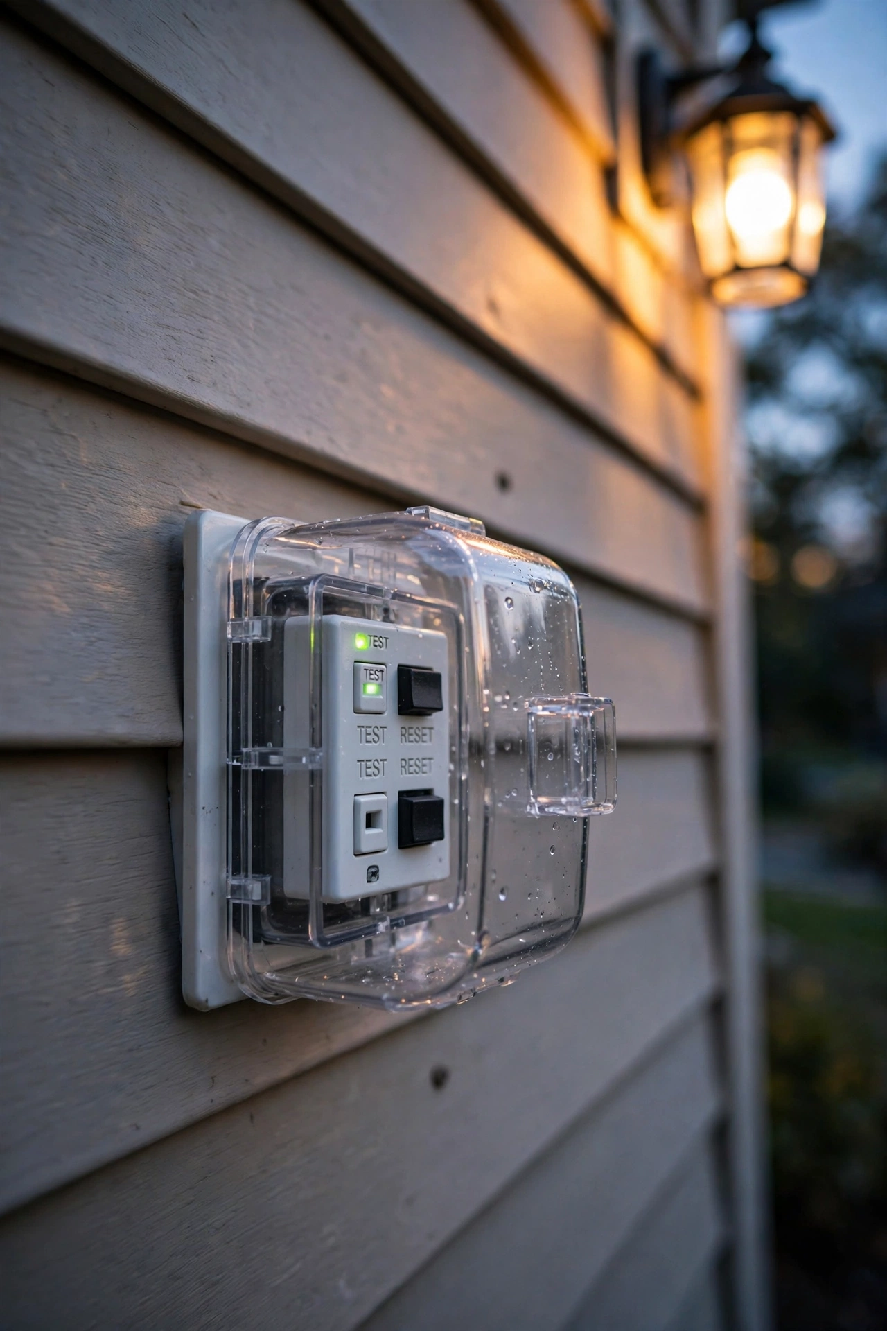 GFCI-protected outdoor outlet with weatherproof in-use cover at dusk beside a lit porch