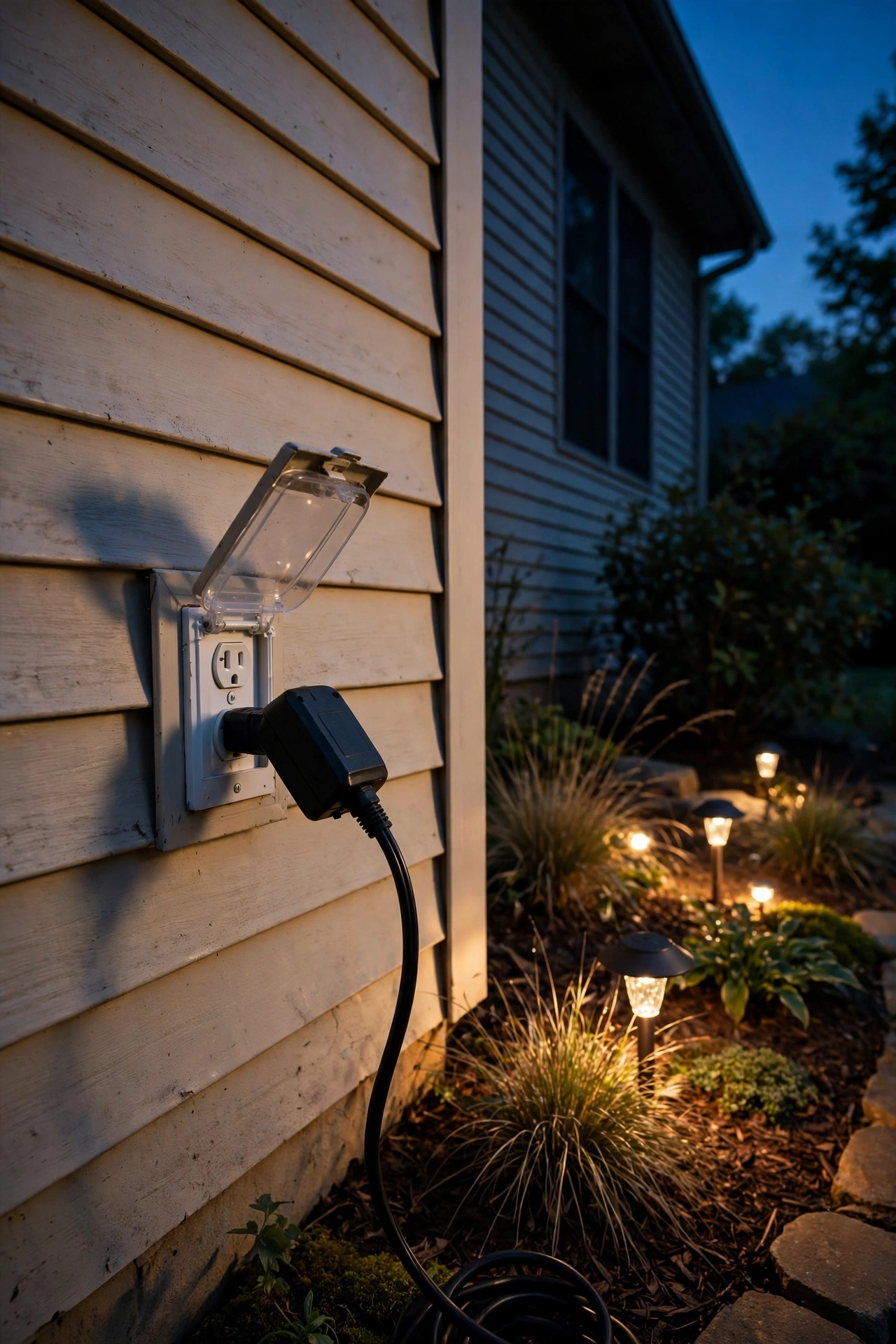 Weatherproof GFCI outdoor outlet with in-use cover powering a low-voltage landscape lighting transformer
