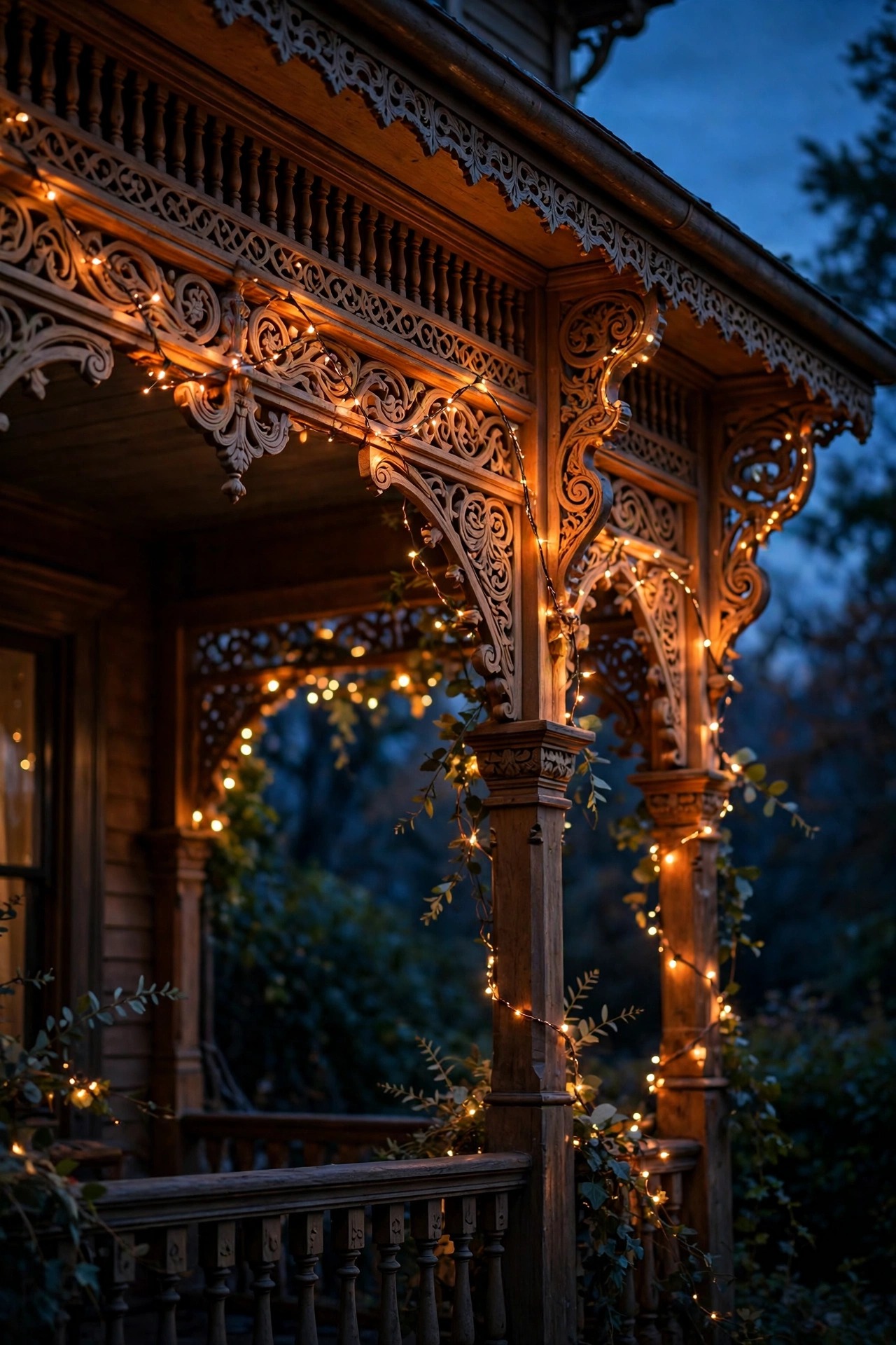 Warm copper-wire fairy lights woven through ornate gingerbread porch trim glowing against deep blue dusk