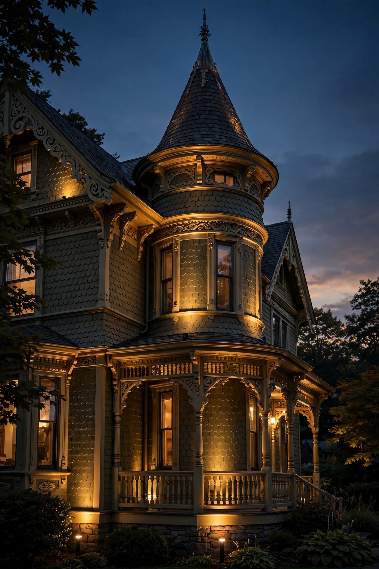 Uplight grazing across gingerbread trim and a turret on a Victorian house at night