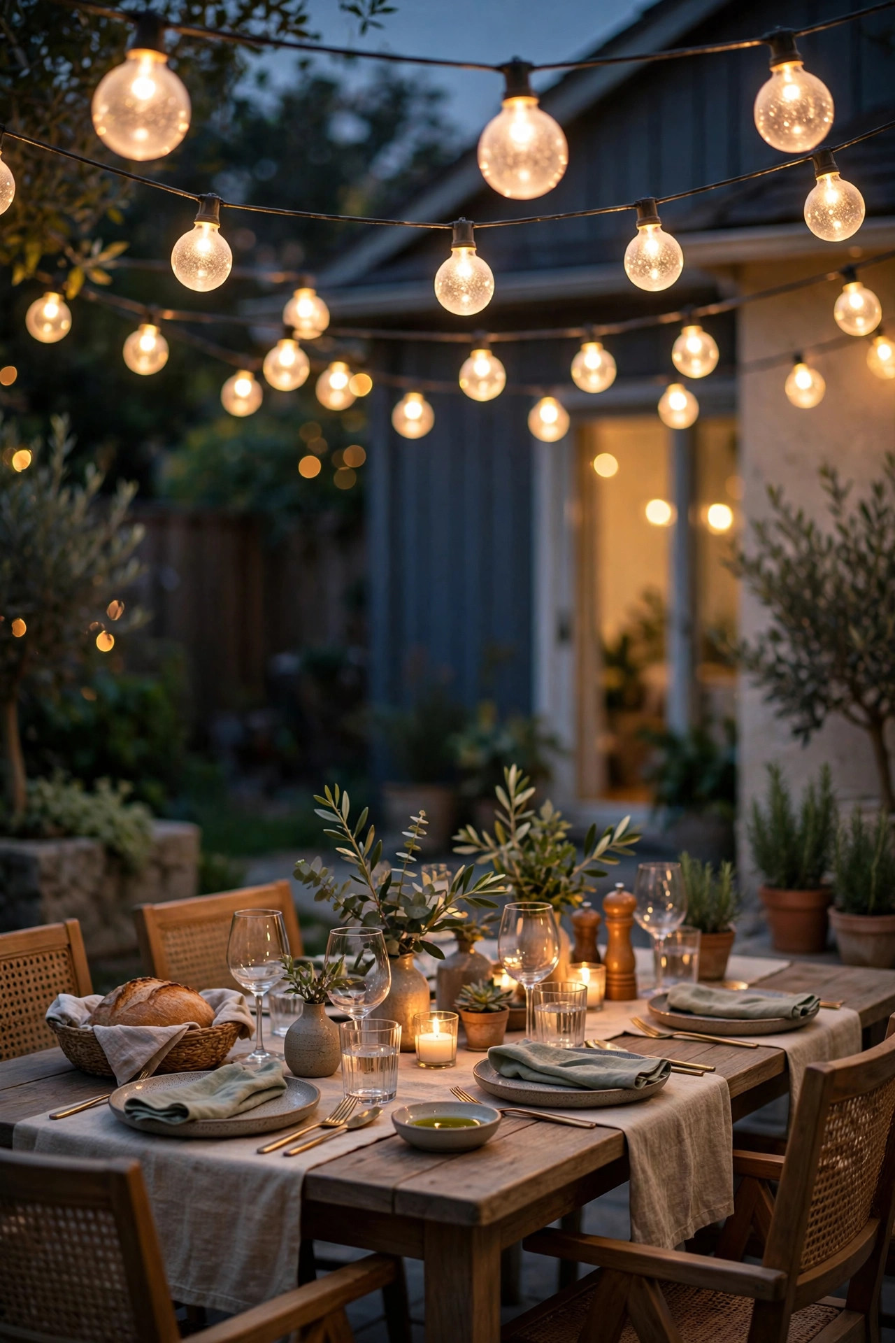 Frosted globe string light bulbs glowing softly above a backyard dinner table