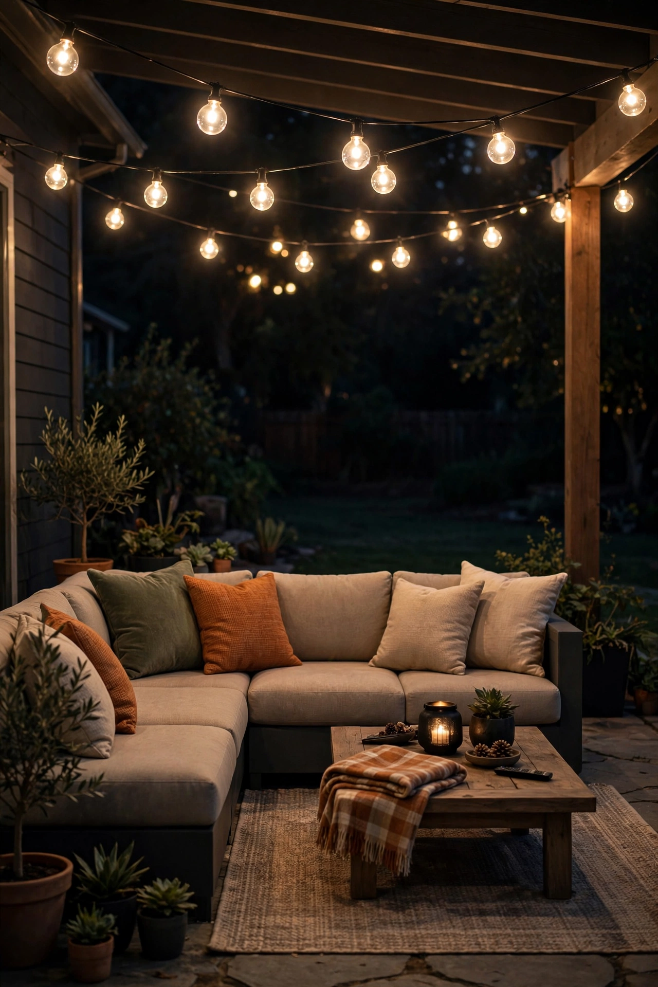 Dimmable globe string lights glowing softly over a patio lounge area at night