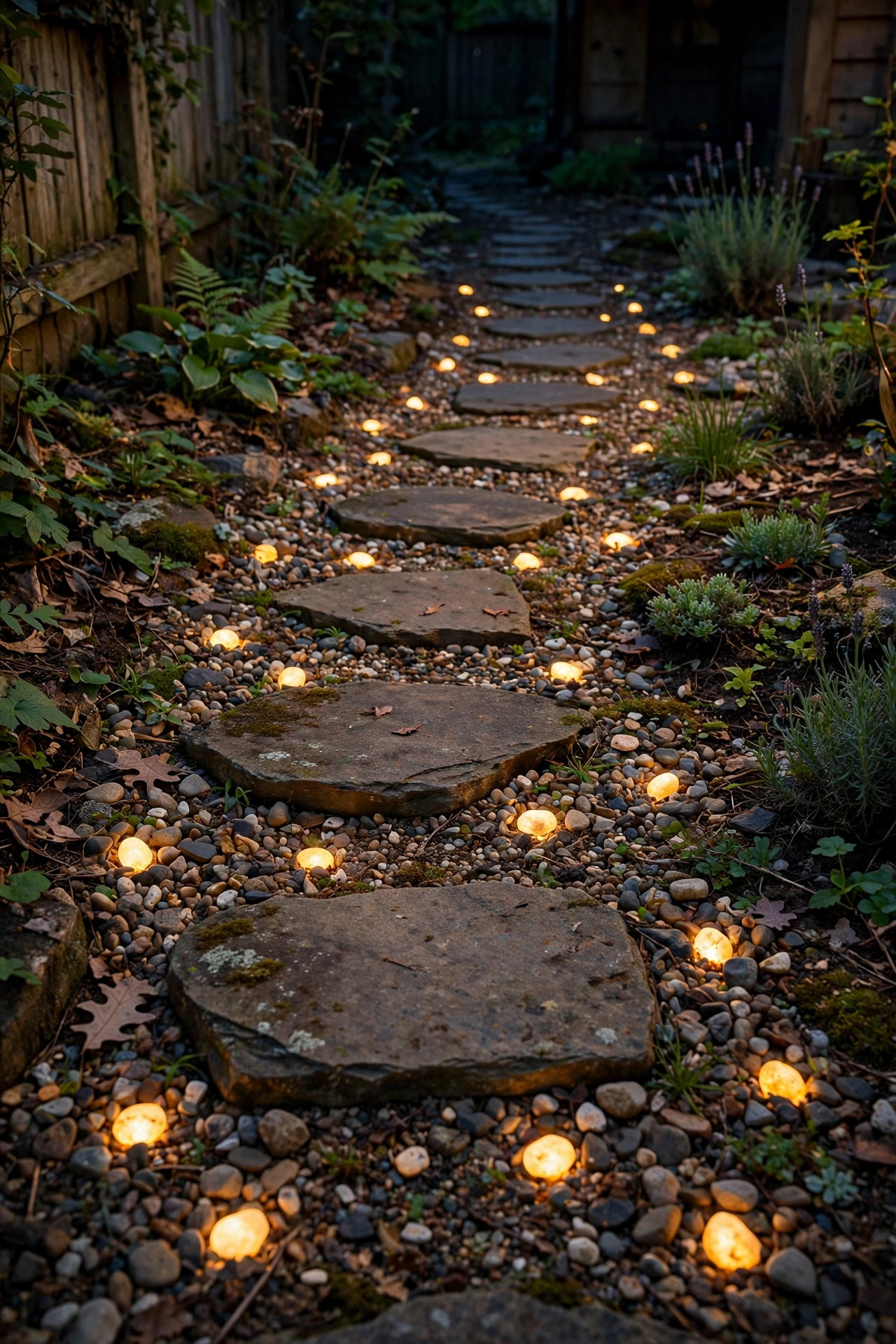 Softly glowing pebbles scattered through gravel around stepping stones in a side yard at night
