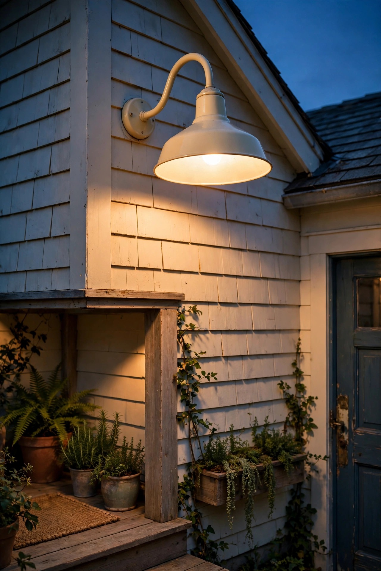 Cream gooseneck barn light pouring a warm pool of light over a cottage porch corner at dusk