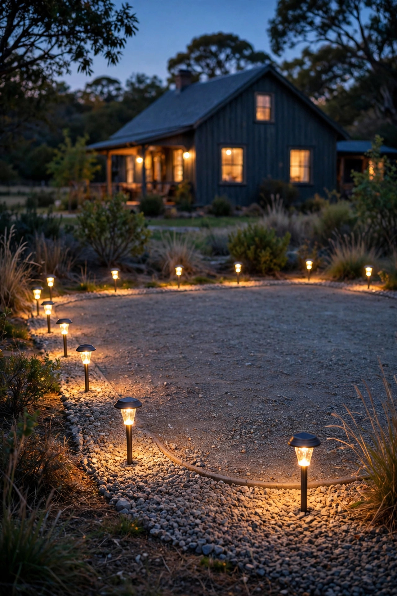 Warm solar stake lights pushed into the gravel border outlining a country parking pad at dusk