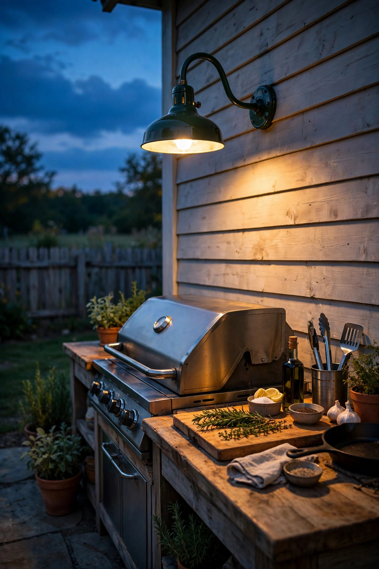 Gooseneck barn light mounted above an outdoor grill station glowing at dusk
