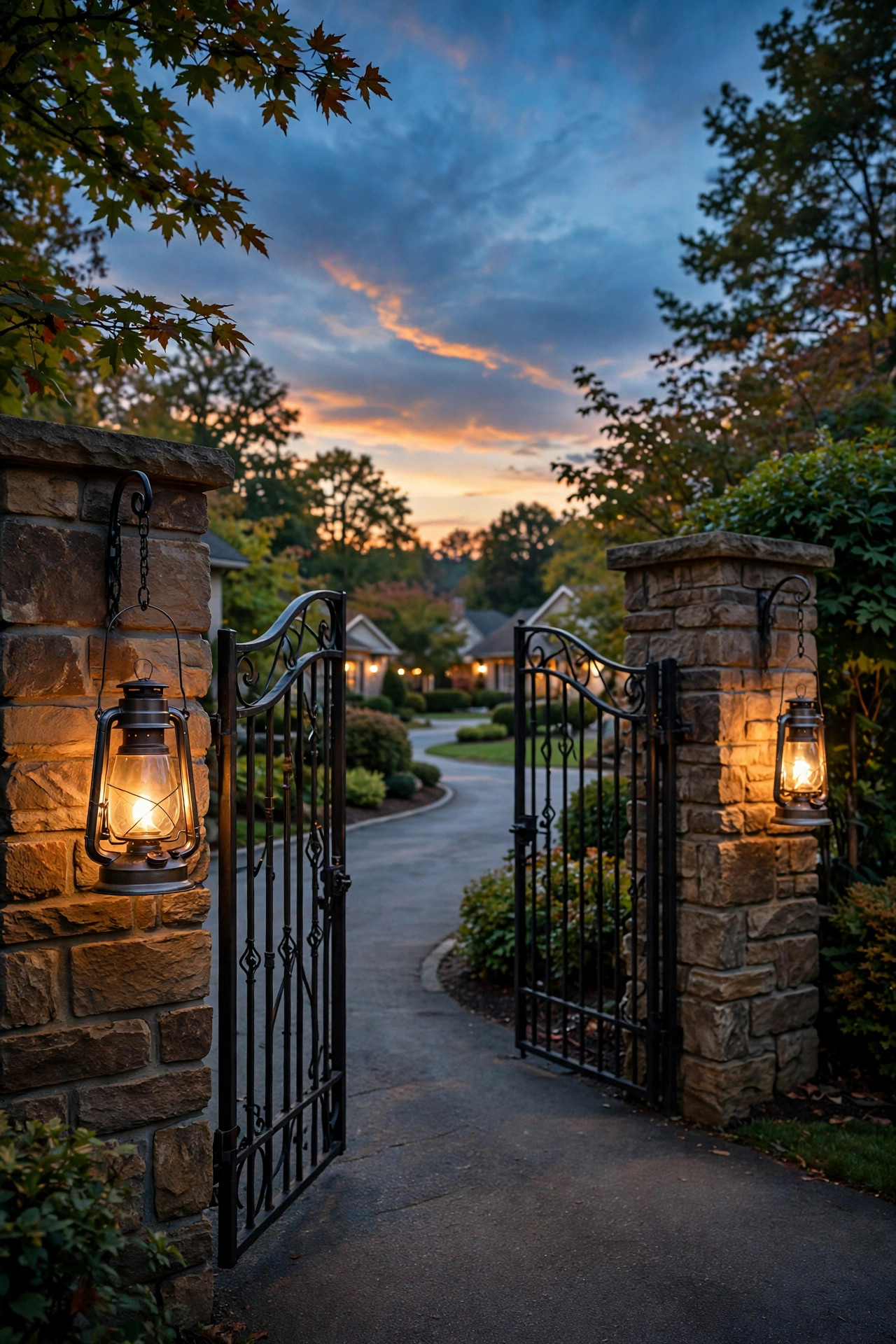 Warm hanging lanterns on gate posts at a driveway entrance at dusk