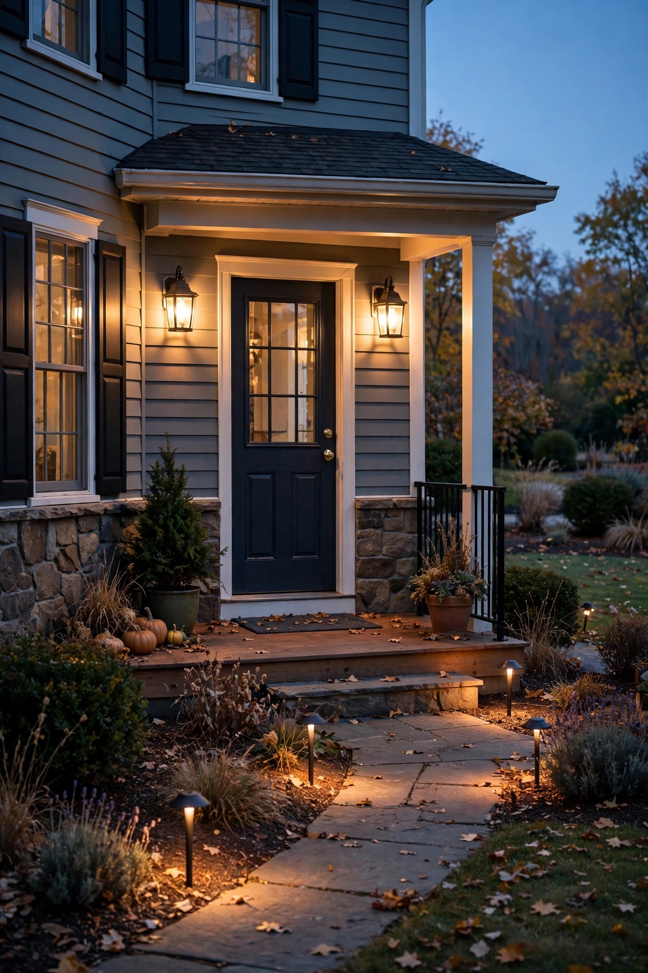 Front porch at dusk with dry, clear, warmly glowing wall lanterns and path lights after a seasonal check, cozy suburban home