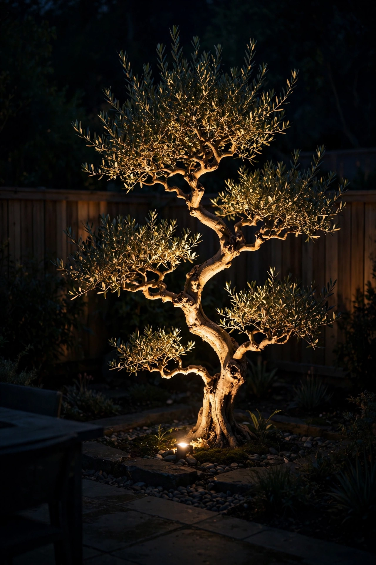 Single dramatic spotlight highlighting a sculptural tree as the hero focal point of a small yard at night