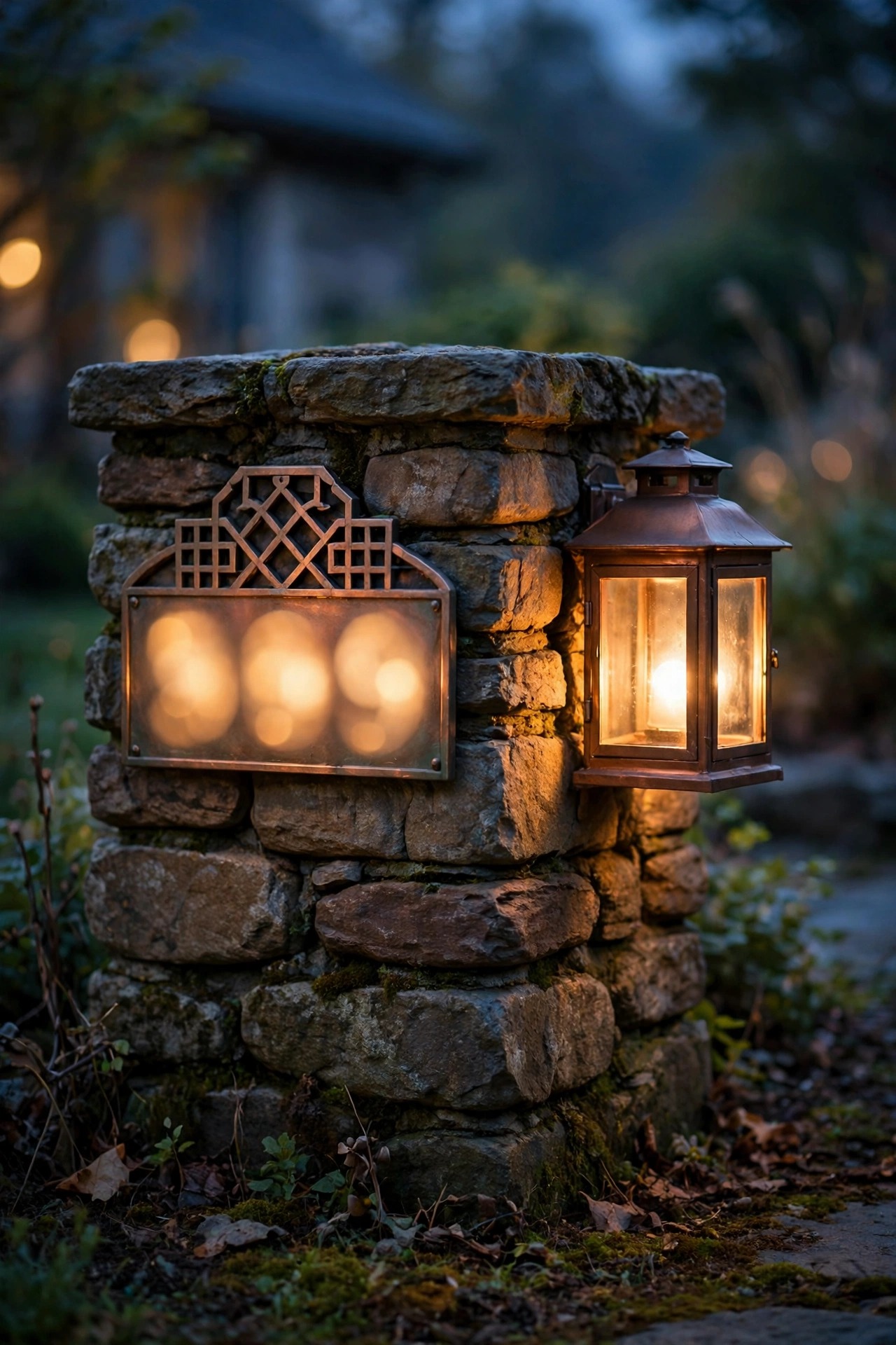 Craftsman house numbers on a porch pier washed in warm light beside a glowing mailbox lantern at dusk