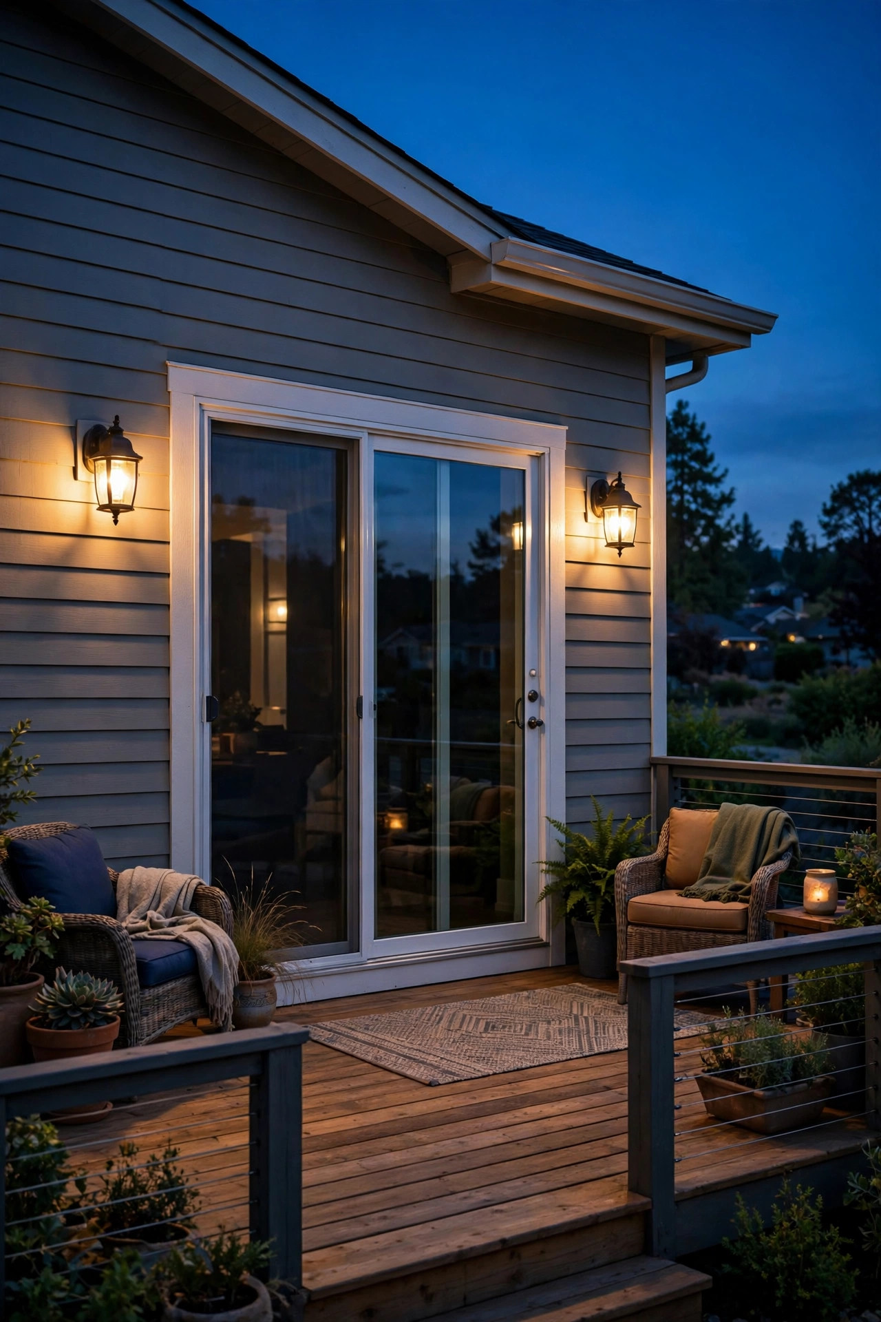 Two warm sconces flanking a sliding door above a wooden deck at dusk