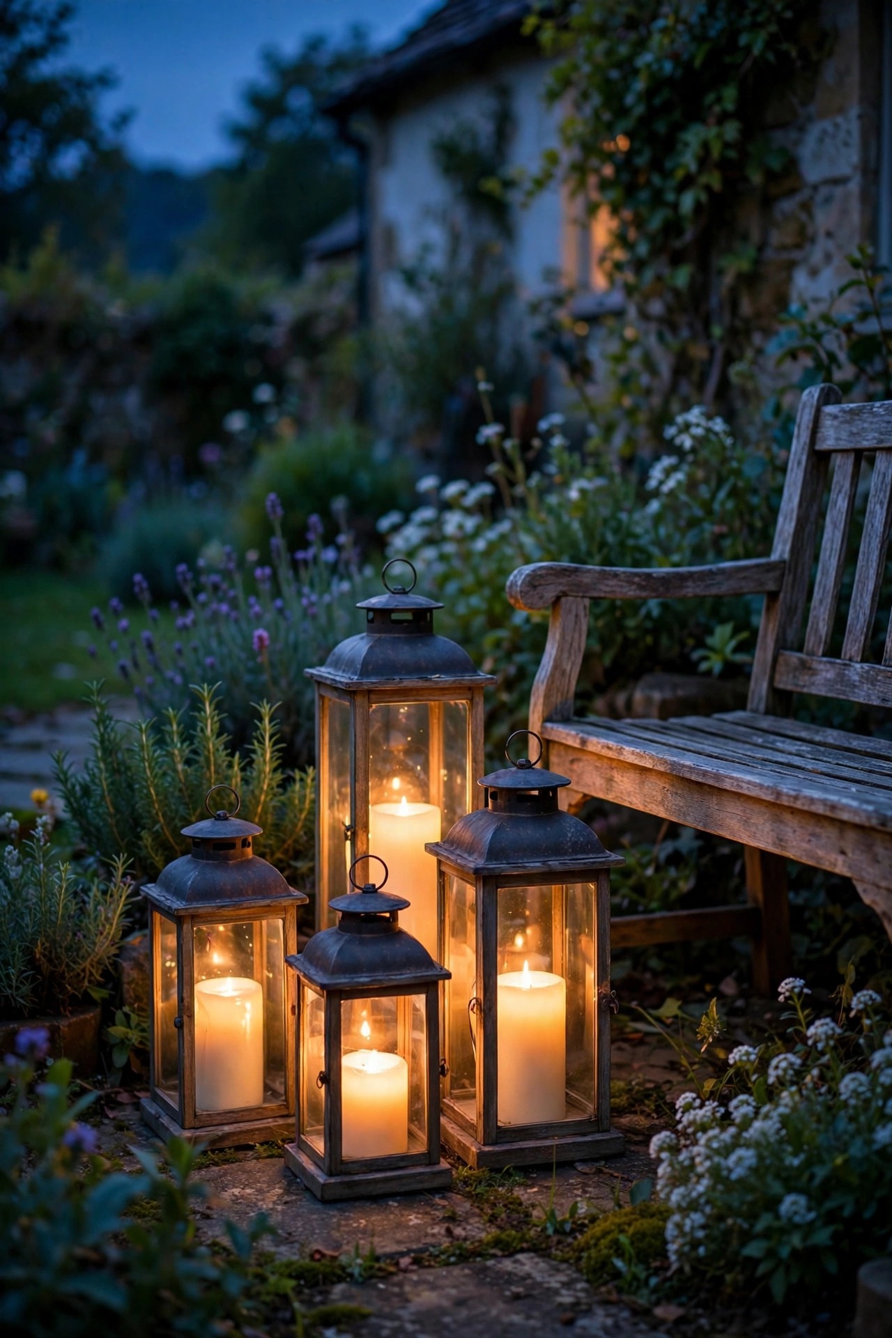 Cluster of hurricane lanterns with flameless pillar candles glowing beside a cottage garden bench at dusk