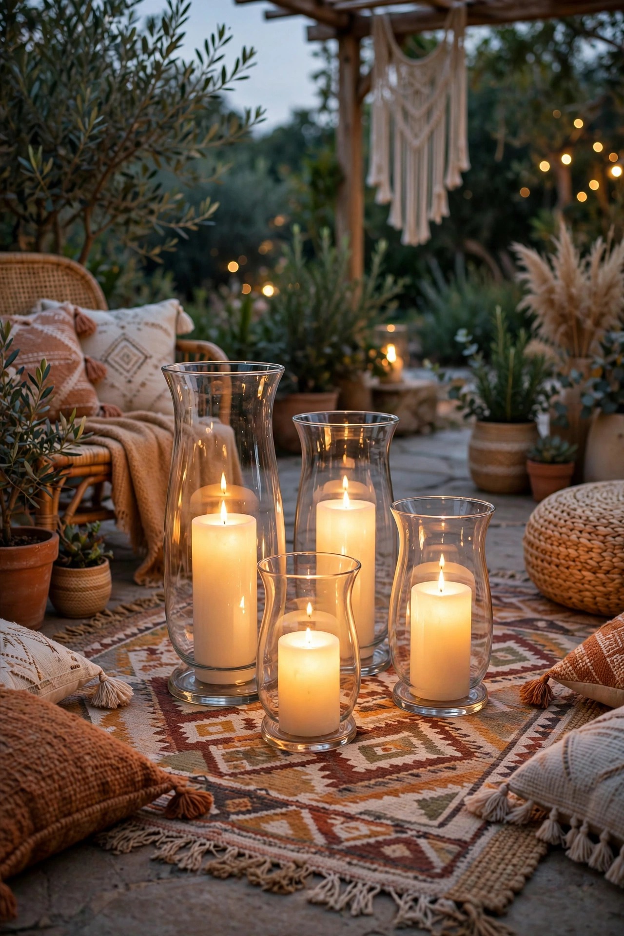 Flameless pillar candles in glass hurricanes glowing on an outdoor rug in a boho lounge at dusk