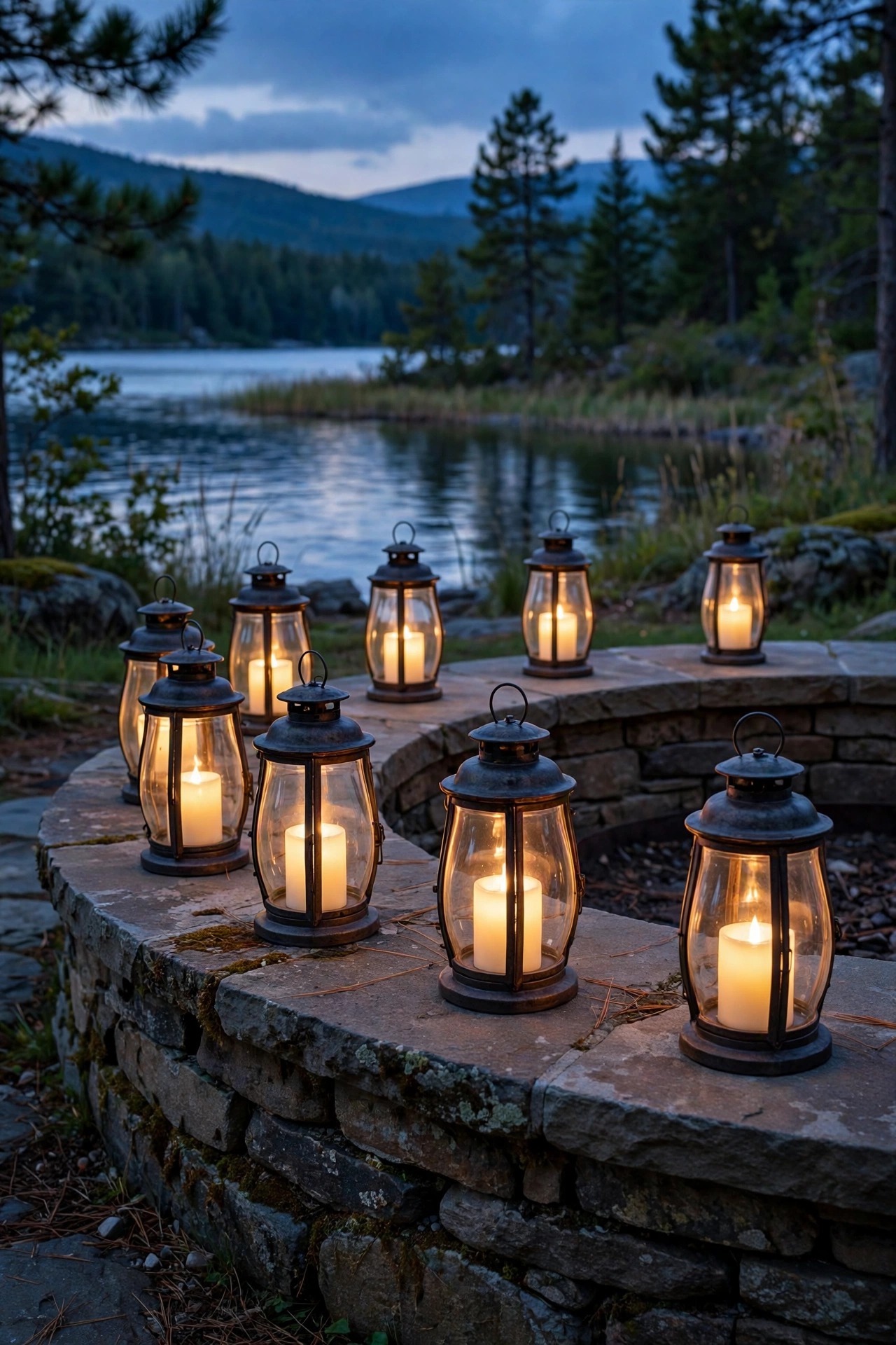 Hurricane lanterns with flickering flameless candles grouped on cottage porch steps at dusk