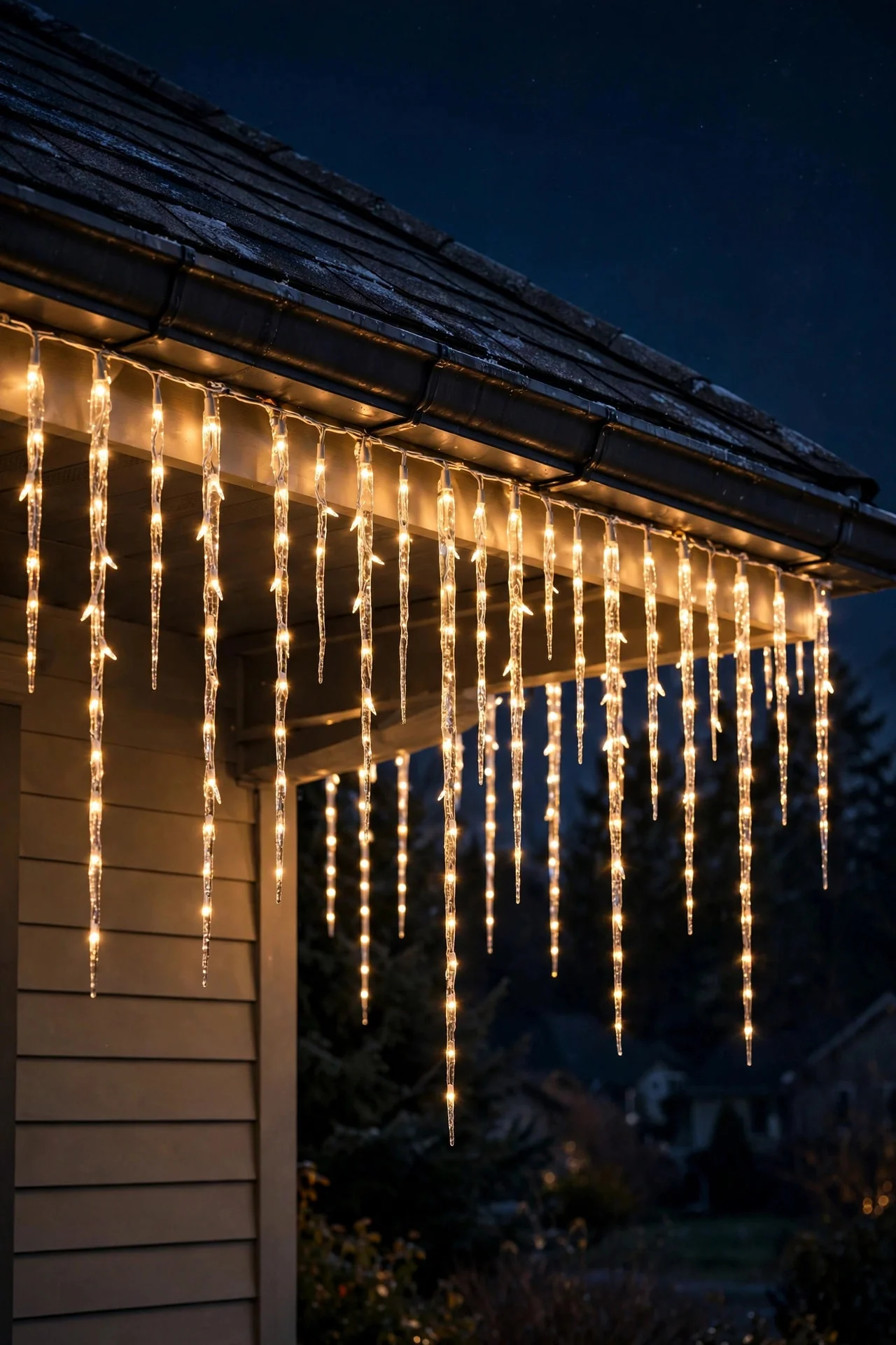 LED icicle Christmas lights hanging evenly from front gutters glowing warm white at night