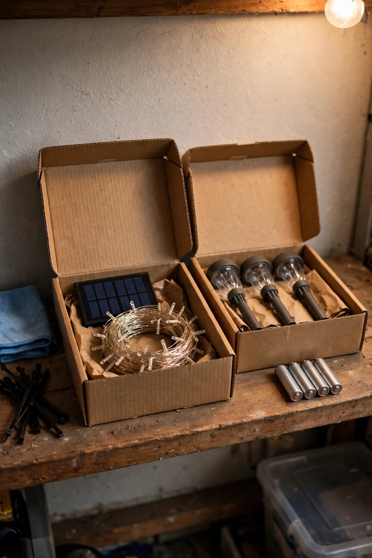Solar fairy lights and small garden fixtures cleaned and boxed neatly on a garage shelf with batteries removed beside them