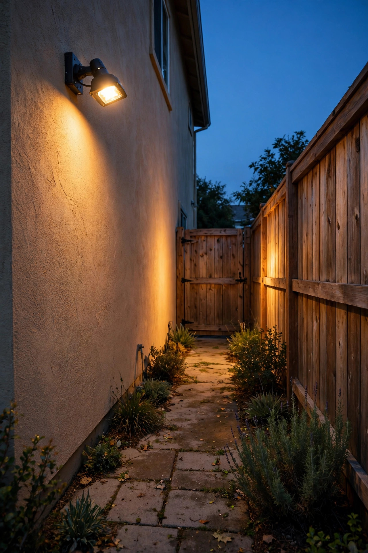 Side-yard security light mounted on a house wall aimed along the wall toward a gate, light staying inside the home's own fence line