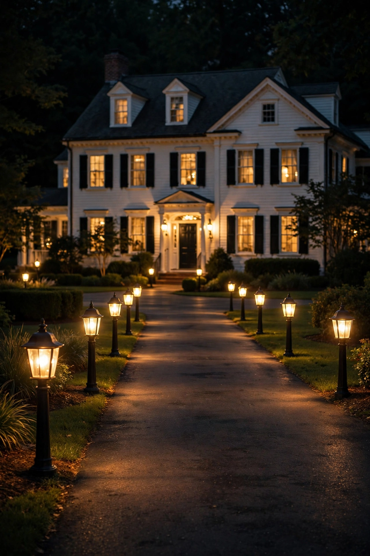 Classic lantern-top driveway bollard lights with warm glass glow along a traditional home driveway