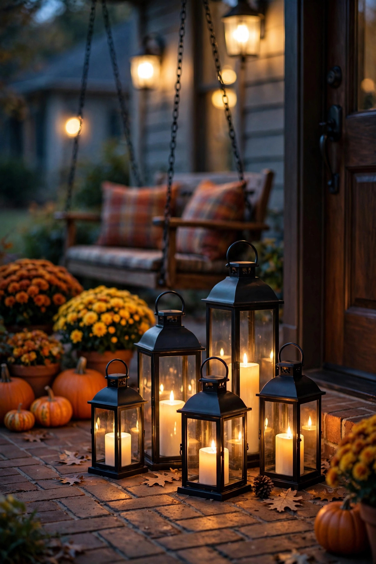 Outdoor lanterns with flickering LED candles on a front porch floor at dusk