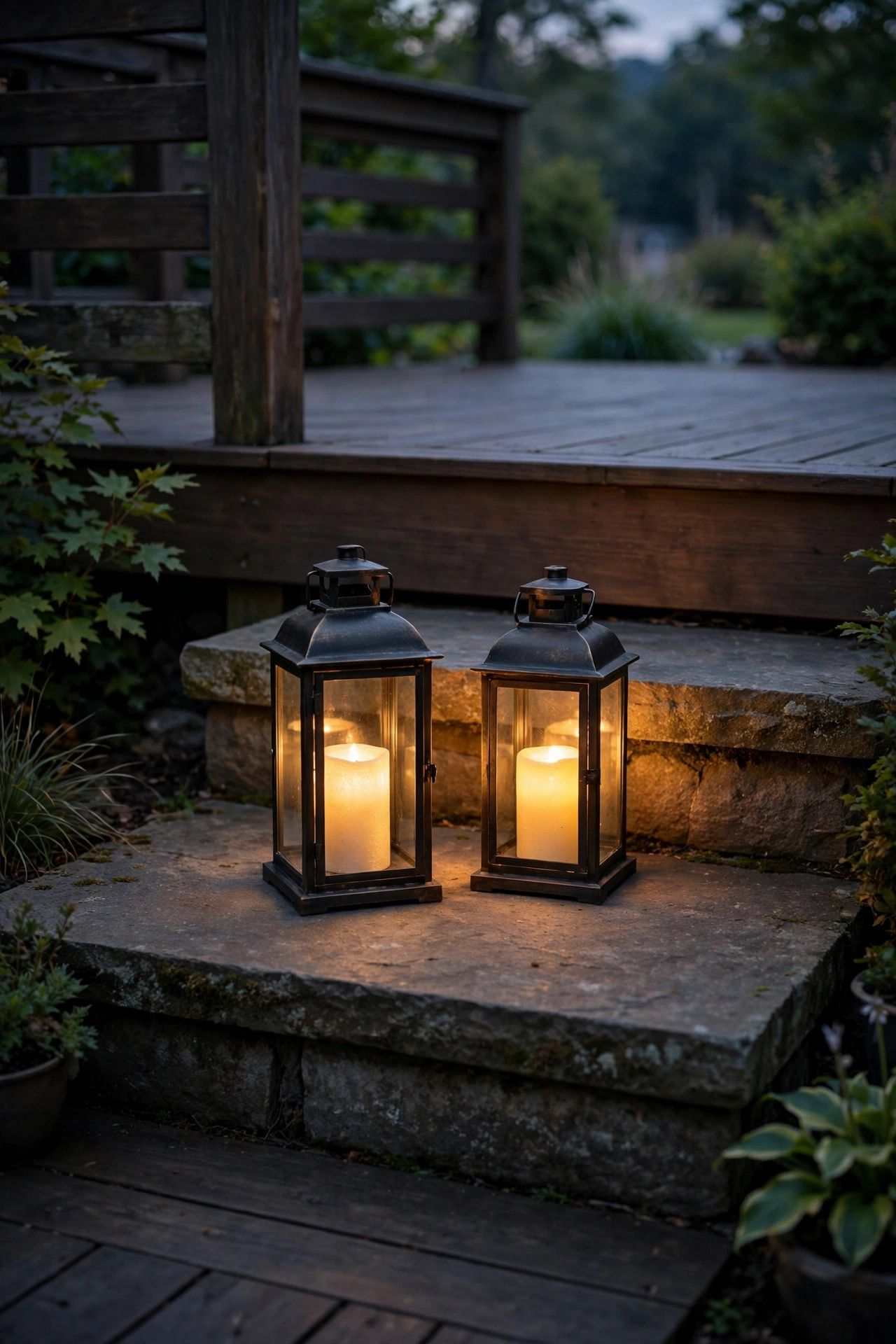 Pair of glowing lanterns with flameless candles set on a wide step between deck levels