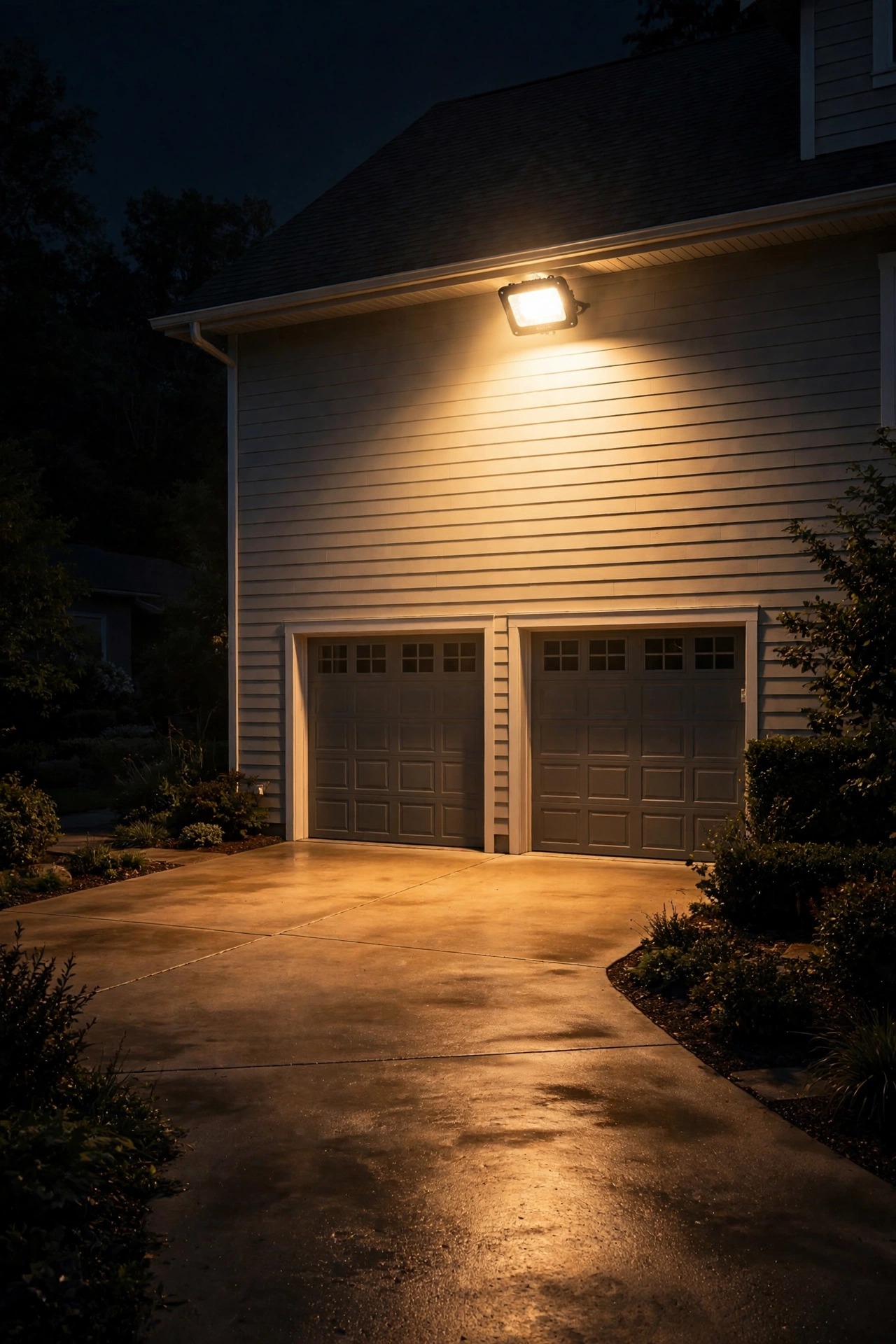 Bright LED security floodlight washing a driveway and garage front in light