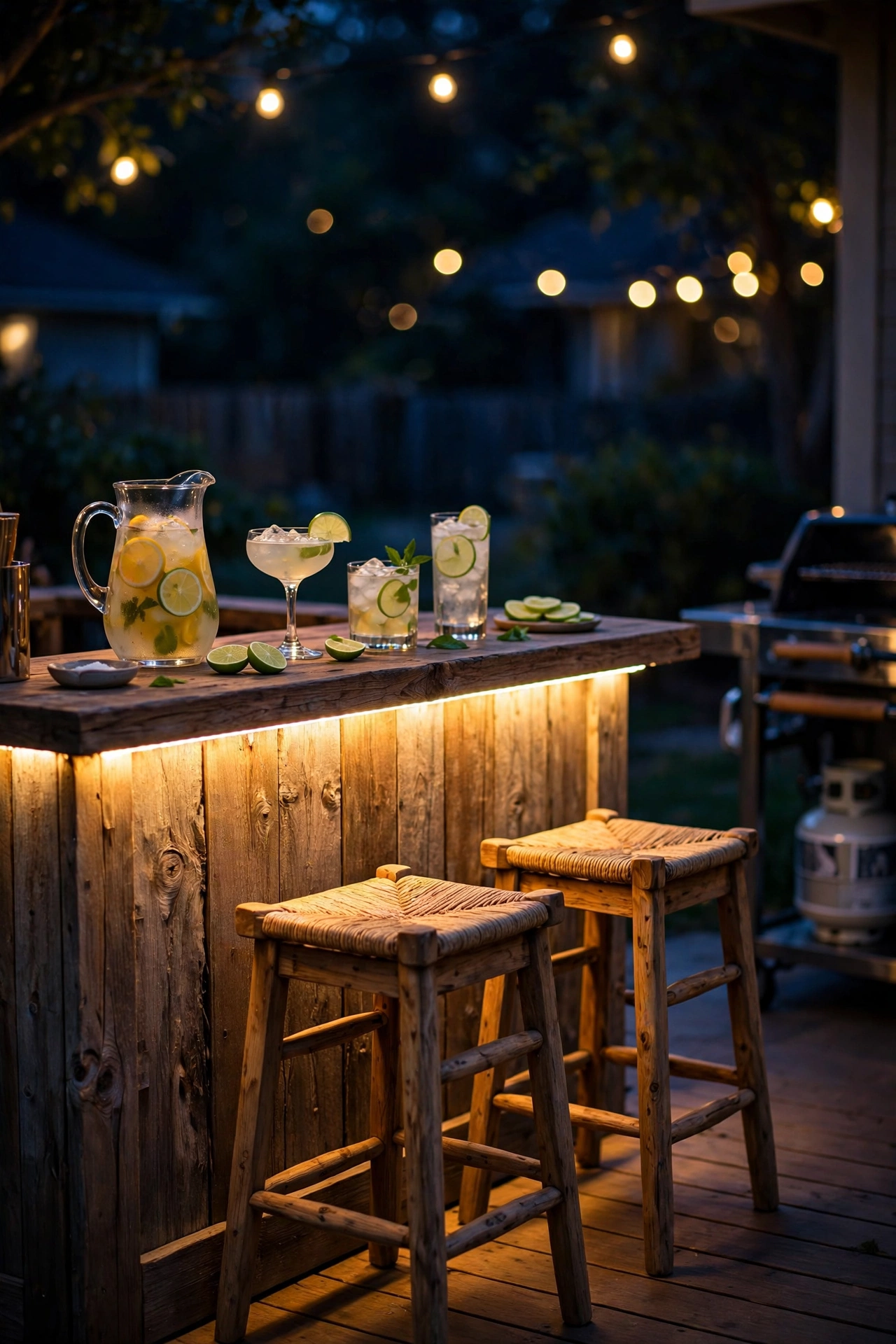 Warm LED strip lighting glowing under an outdoor bar ledge on a back porch at night