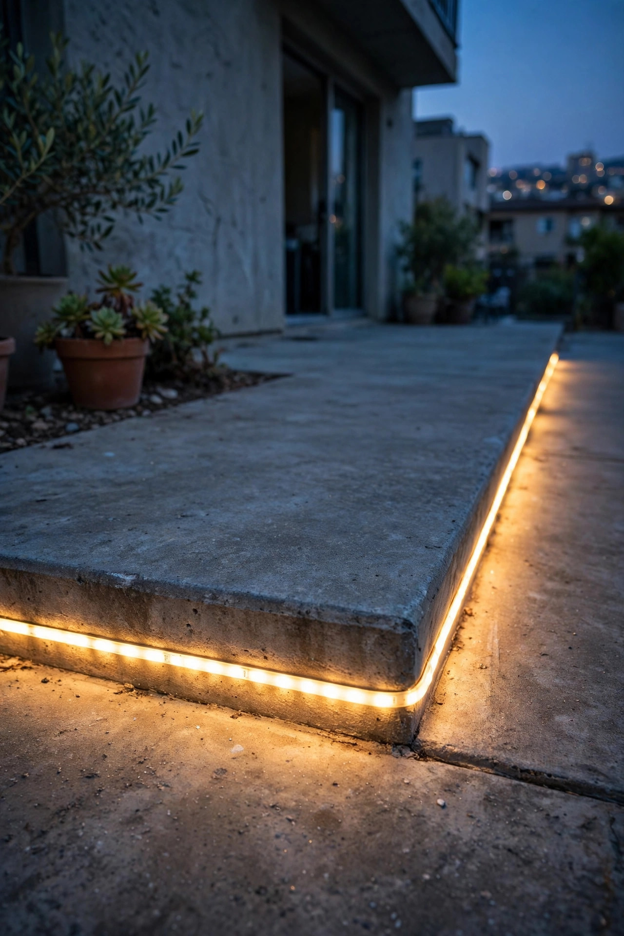 Warm LED strip light glowing along the edge of a concrete apartment patio slab at dusk