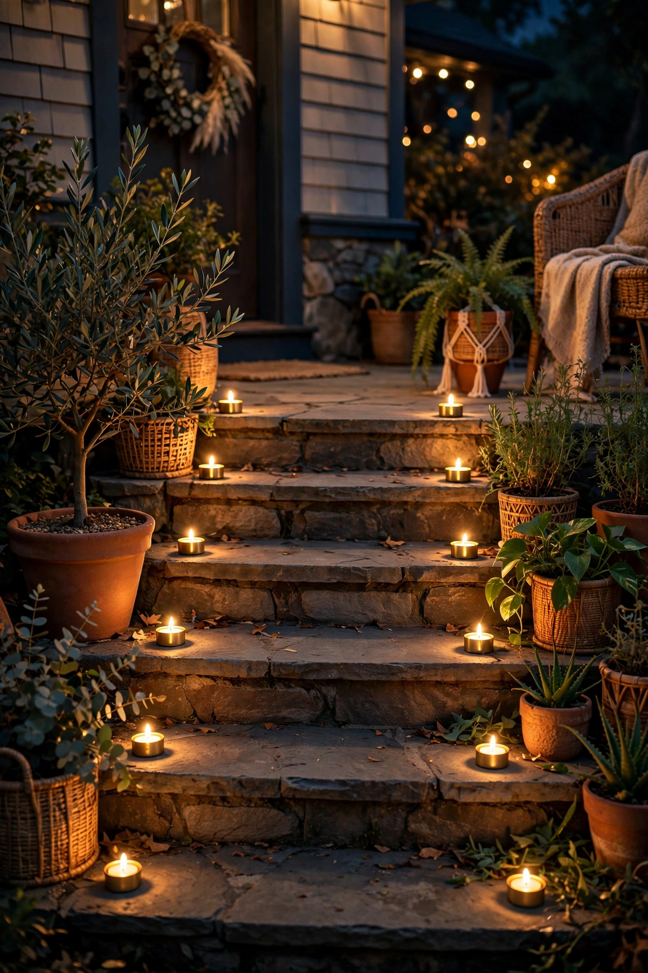 Flameless tea lights in brass holders lining outdoor steps of a boho patio